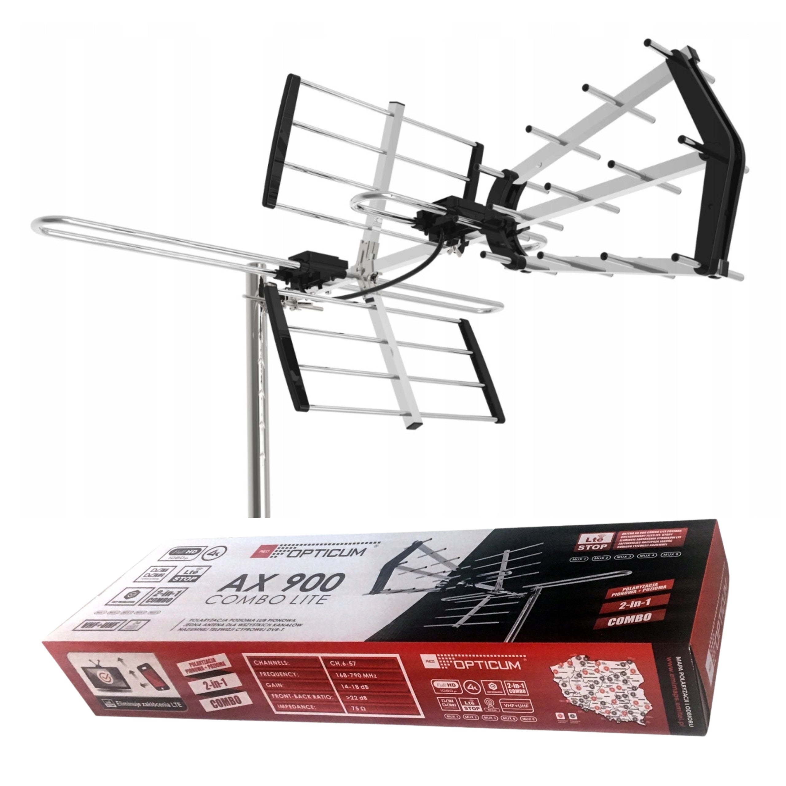 DVB-T2 4K MUX-8 VHF/UHF LTE Combo Outdoor Antenna | Opticum AX-900