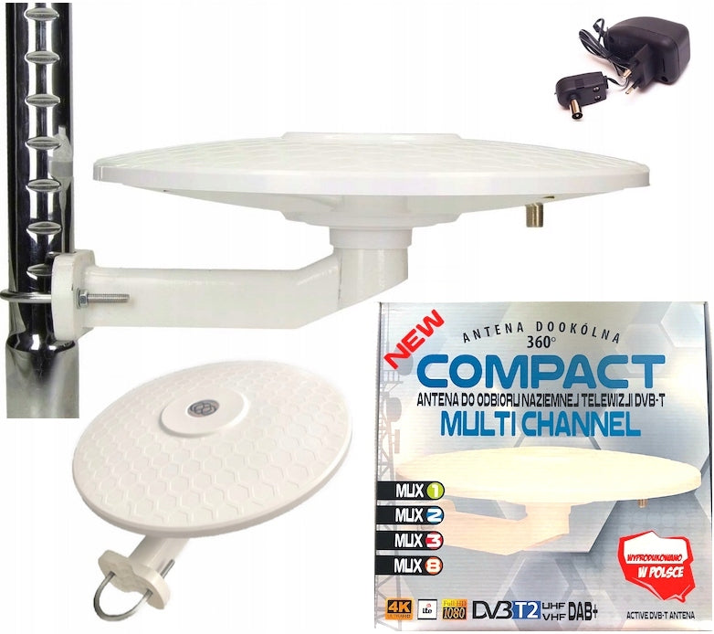 DVBT-2 terrestrial TV omnidirectional antenna + COMPACT ACTIVE POWER SUPPLY 4K HD MUX8