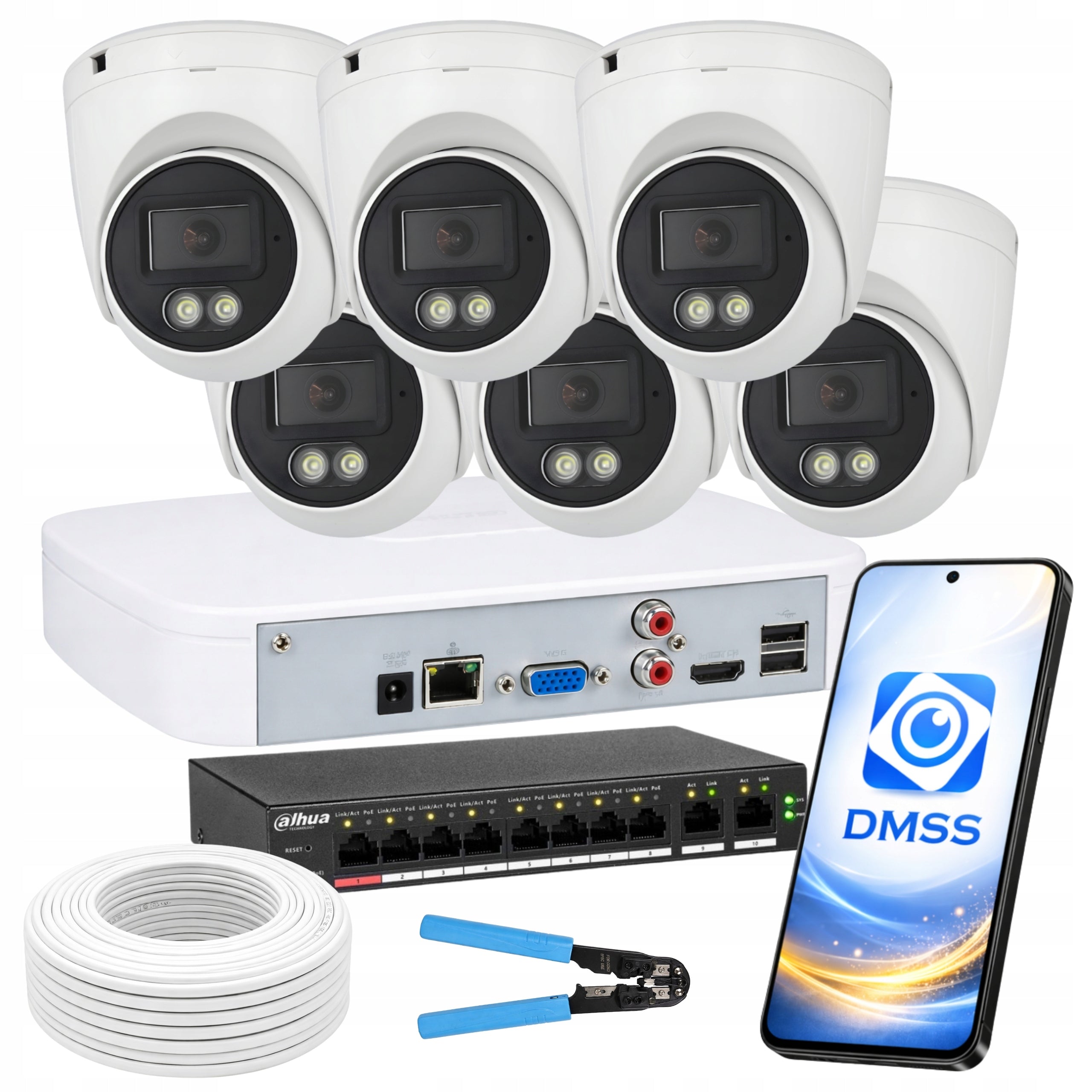 Dahua Home Monitoring Kit 6 Outdoor PoE IP Cameras 4Mpx IR LED