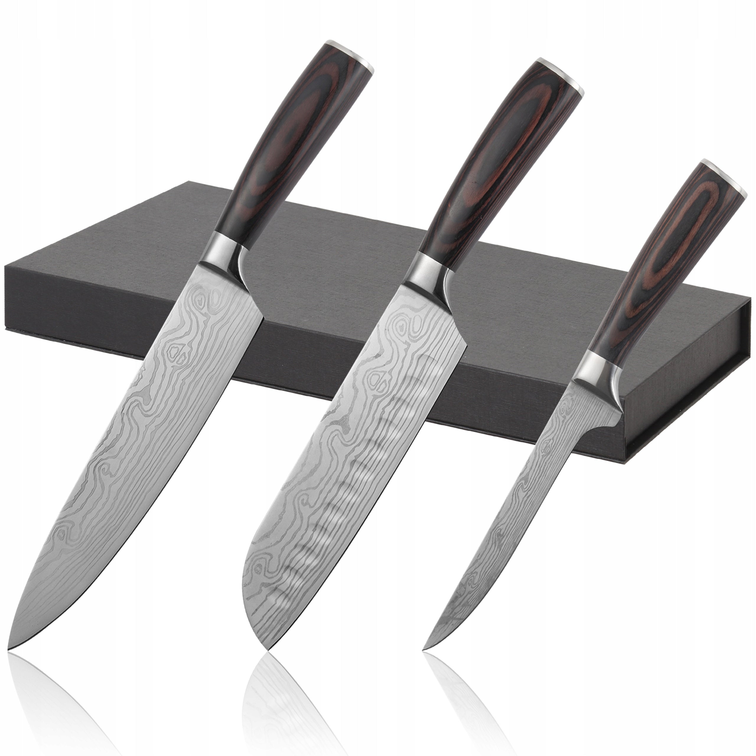 Damascus Steel 3-Piece Knife Set: Sharp Chef, Santoku & Paring Knife Kit