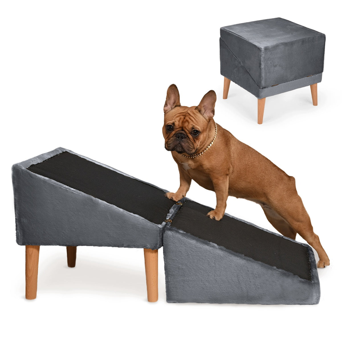 Dark gray 2-in-1 dog and cat stairs - foldable ramp, pouf , platform