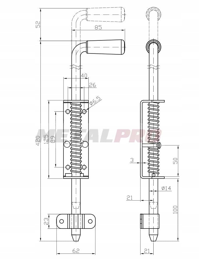 Deadbolts and bolts, bolt closure for gate 420 mm with galvanized spring 42 cm Manufacturer code 64.067