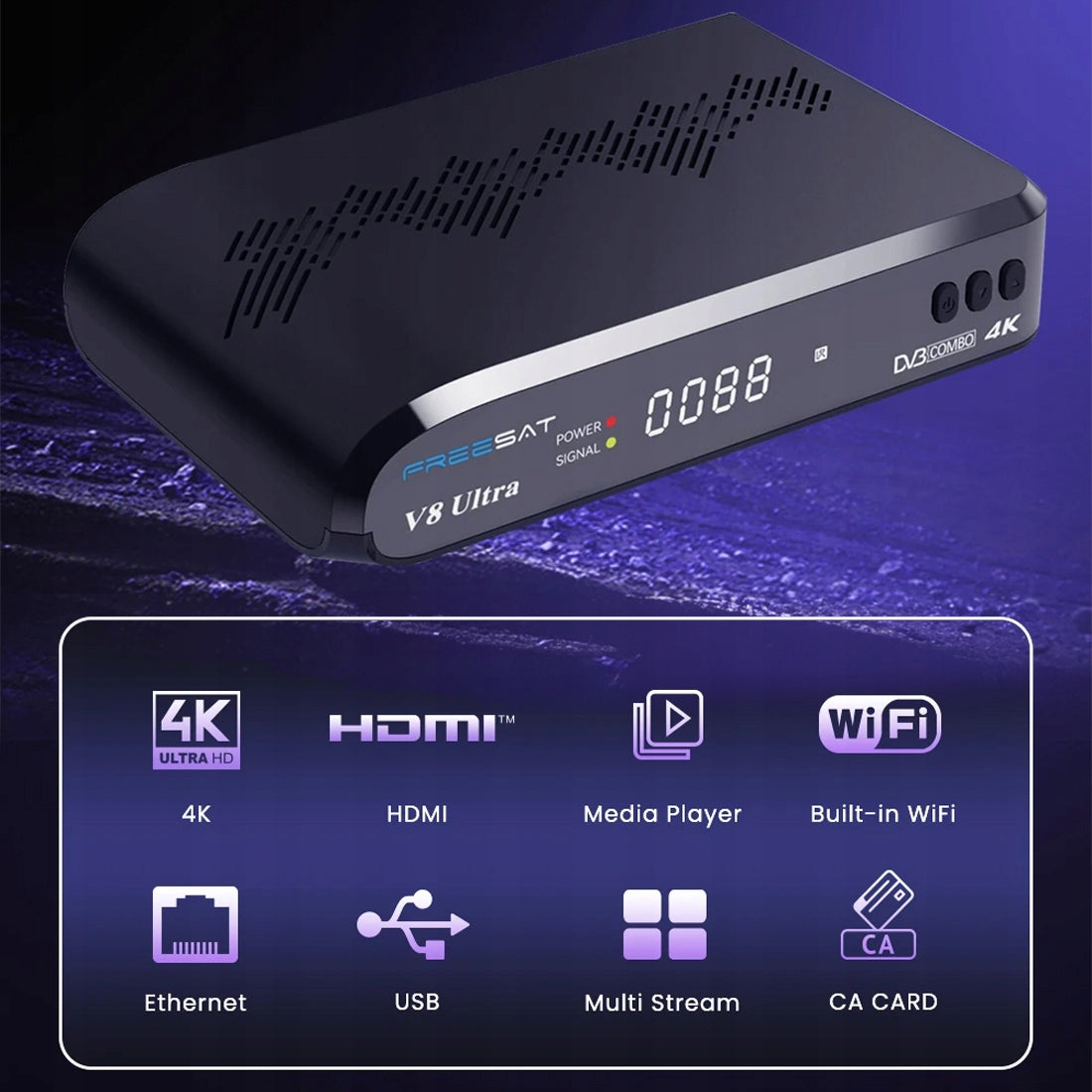Decoder Tuner 3in1 COMBO DVB-S DVB-T DVB-C 4K HEVC Wi-Fi YouTube SOFTCAM Manufacturer code TGTV8ULTRA