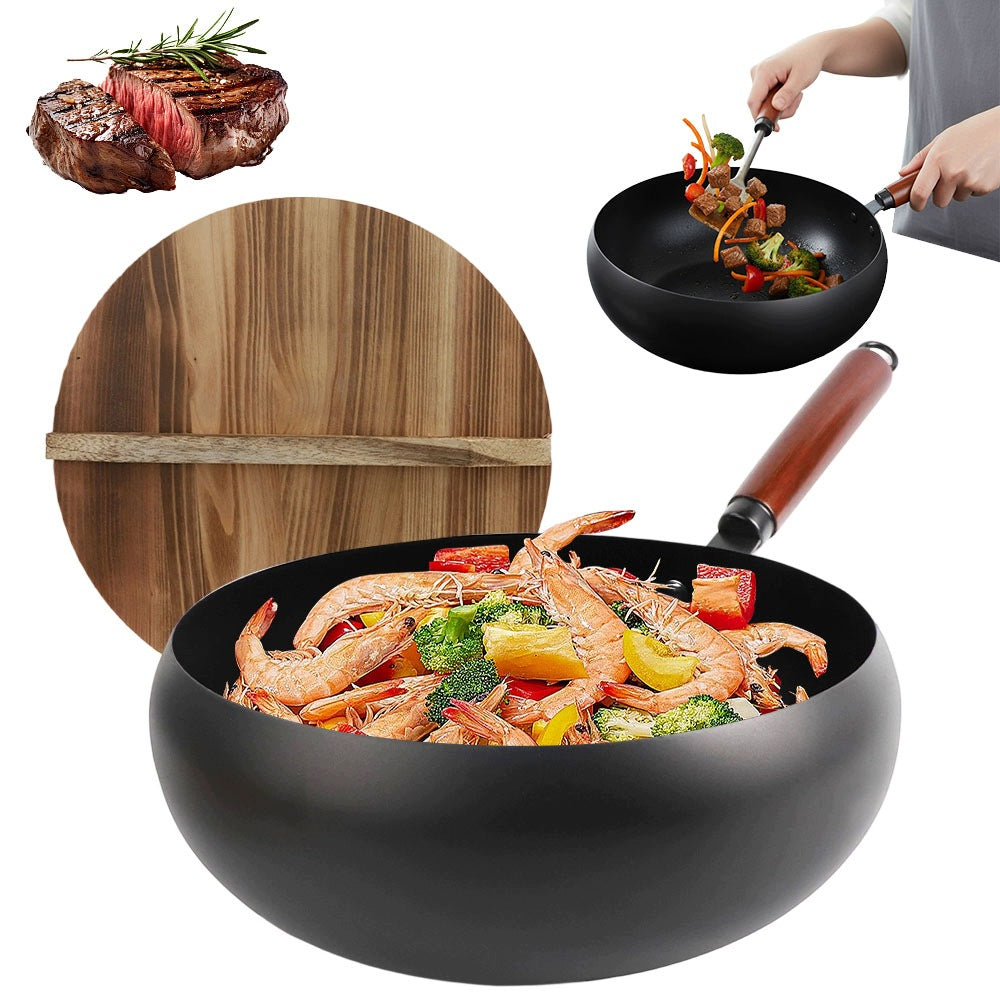 Deep Wok Pan 28 Cm With Wooden Lid Steel For Induction Black