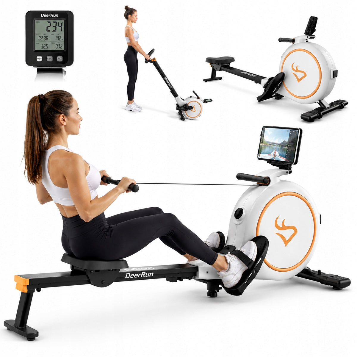 DeerRun RW600 Magnetic Rowing Machine Resistance Adjustment App Display