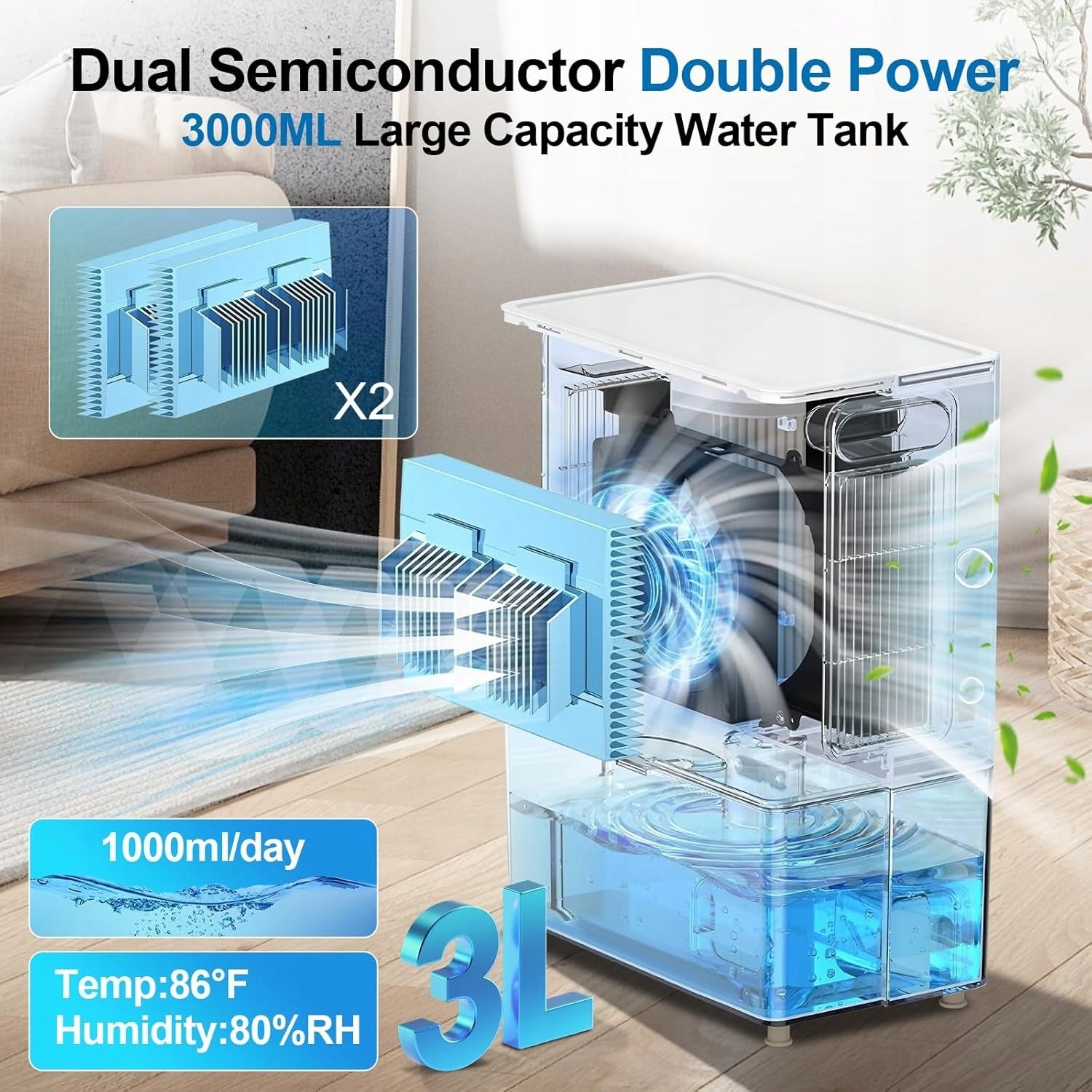 Dehumidifier 3000 ml 75W 1000 ml/24h Timer LED Auto Defrost Brand no brand