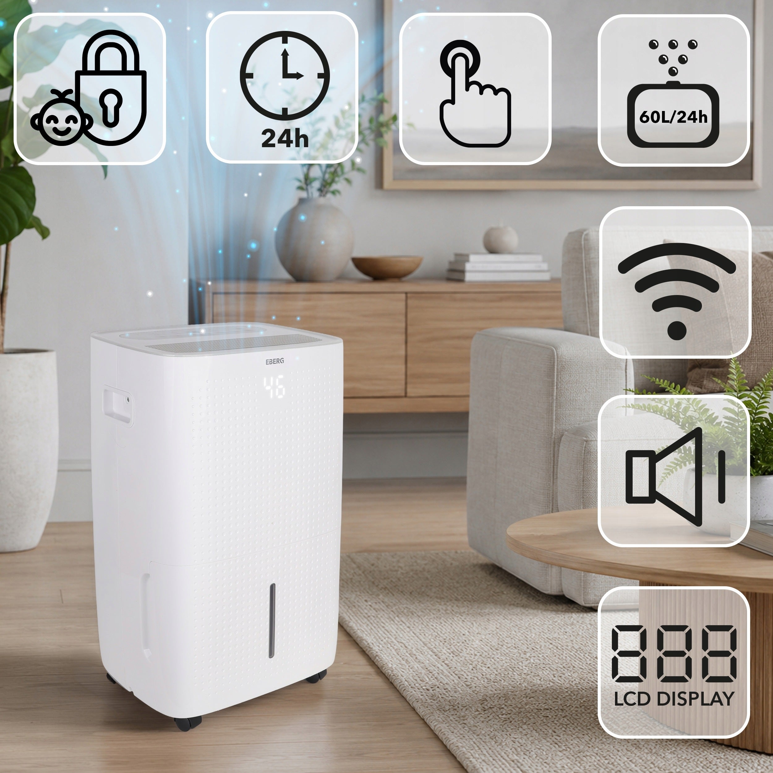 Dehumidifier EBERG moisture absorber 60L/24h +WiFi +TIMER+HIGROSTAT Manufacturer code Osuszacz powietrza EBERG 60L wydajny +Timer