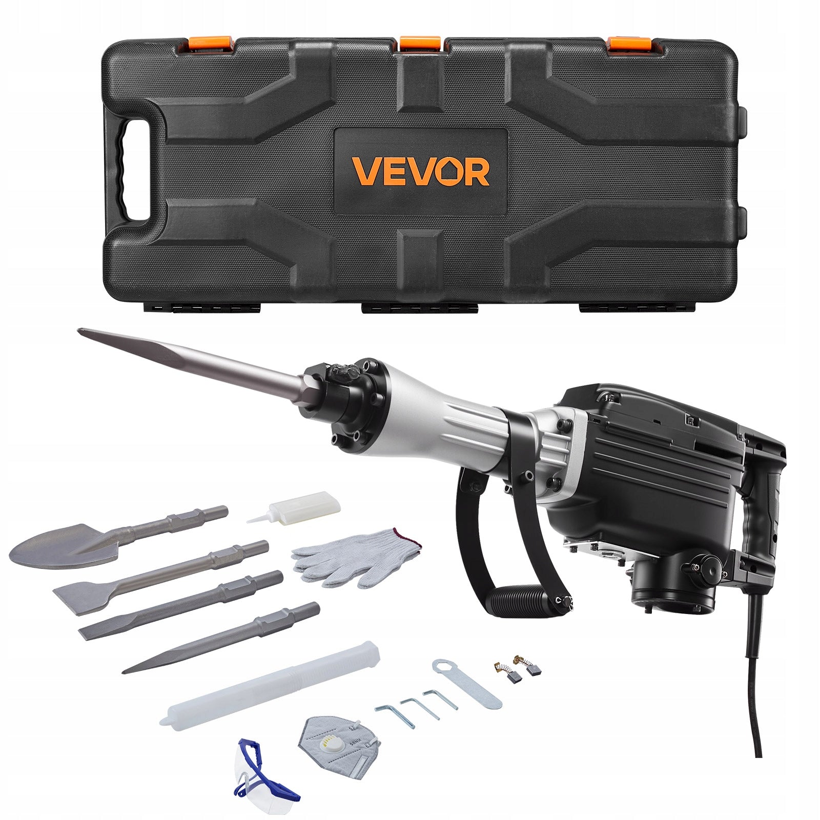 Demolition Hammer 2800W 45J 3 Chisels Clay Shovel Protective Glasses