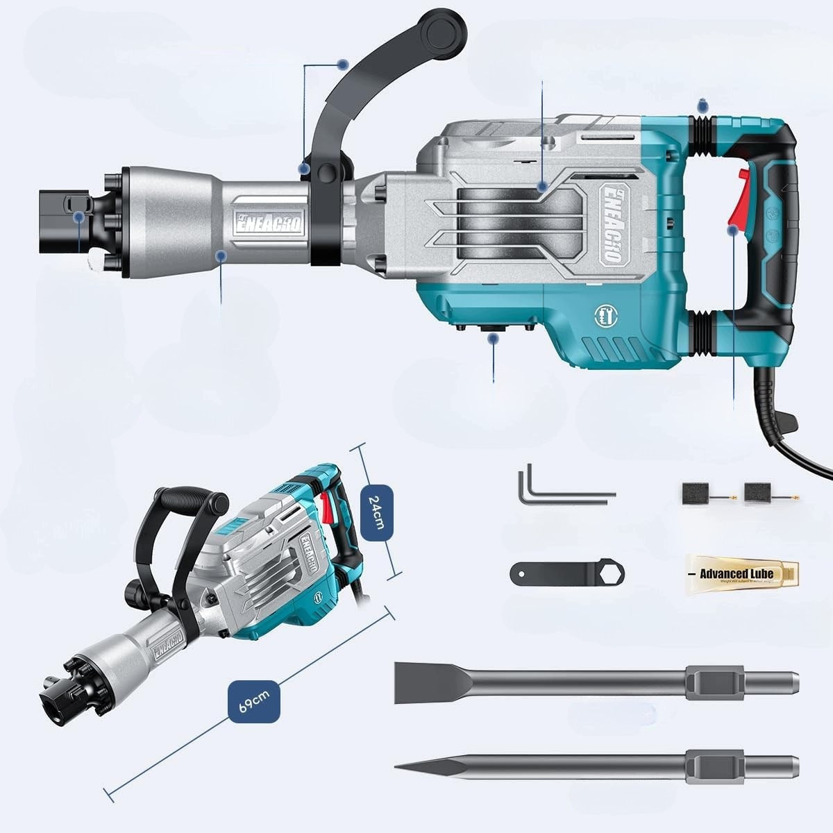 Demolition hammer ENEACRO 1700W SDS Hex 65J chiseled suitcase Manufacturer code Młot wyburzeniowy ENEACRO 1700W SDS Hex 65J