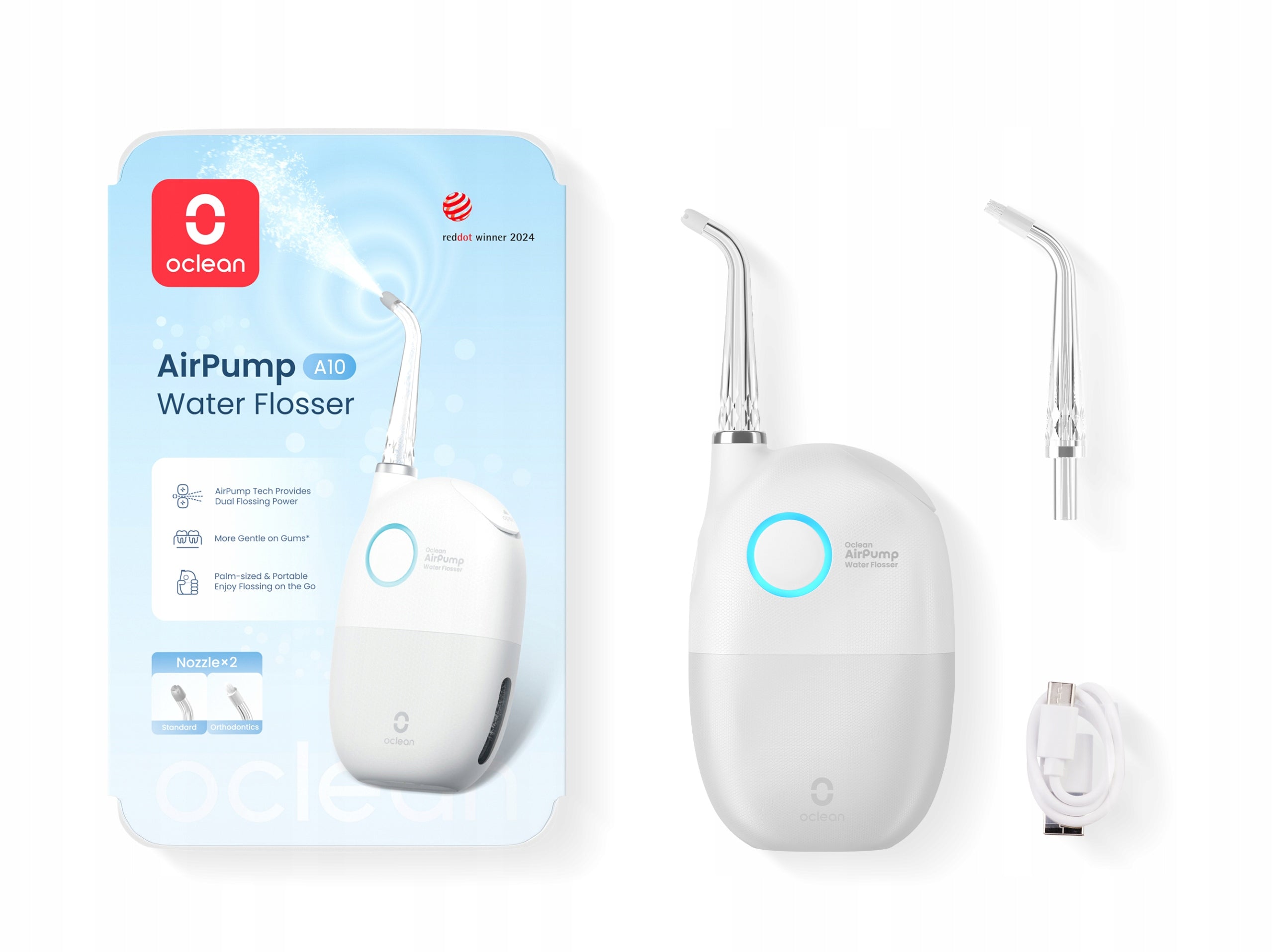 Dental irrigator portable OCLEAN Airpump A10 white, 45ml, 2 nozzles