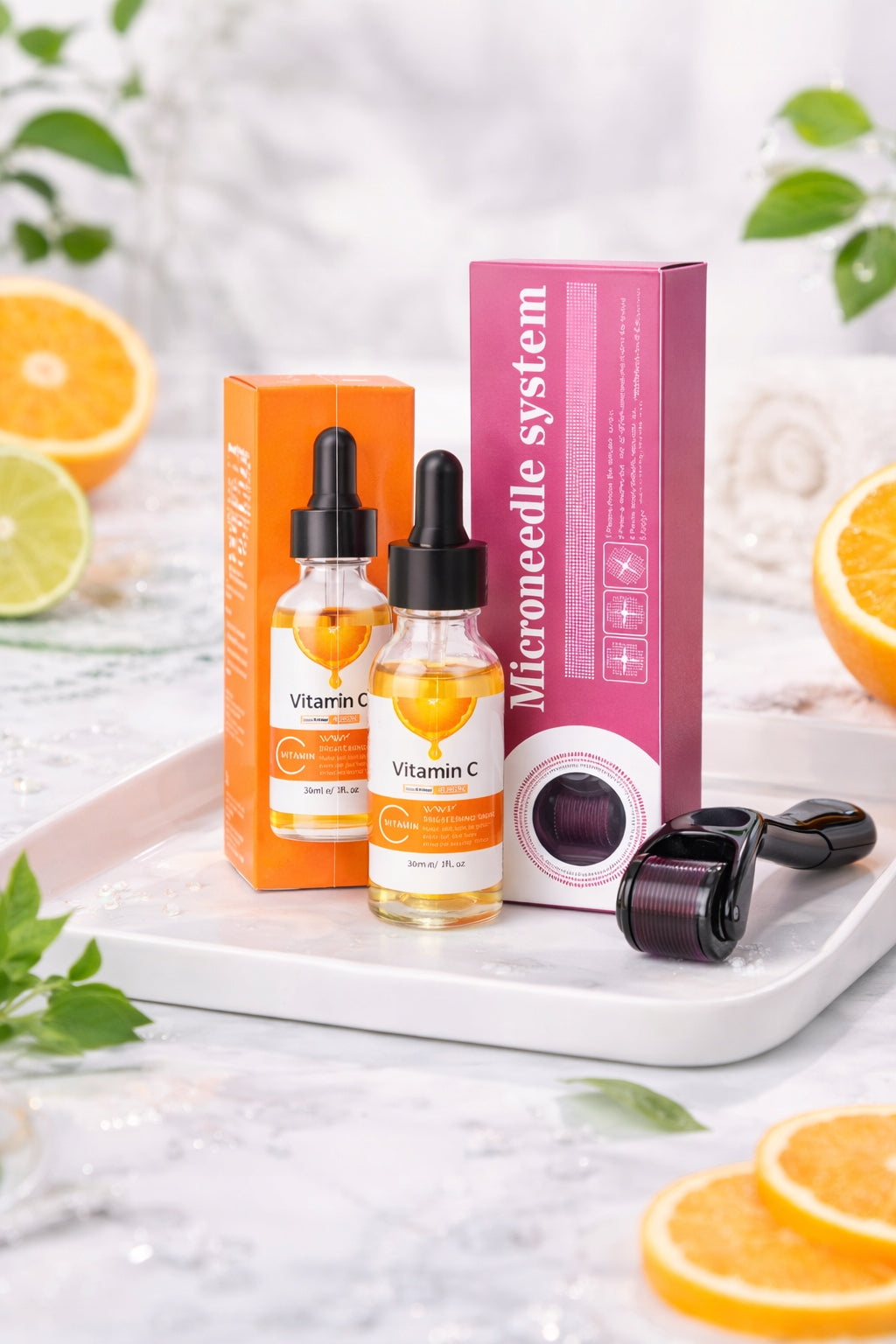 Derma Roller 0,5 mm micro-puncture kit and vitamin C serum Manufacturer code Dermaroller mikroigłowa skóry głowy pod oczy