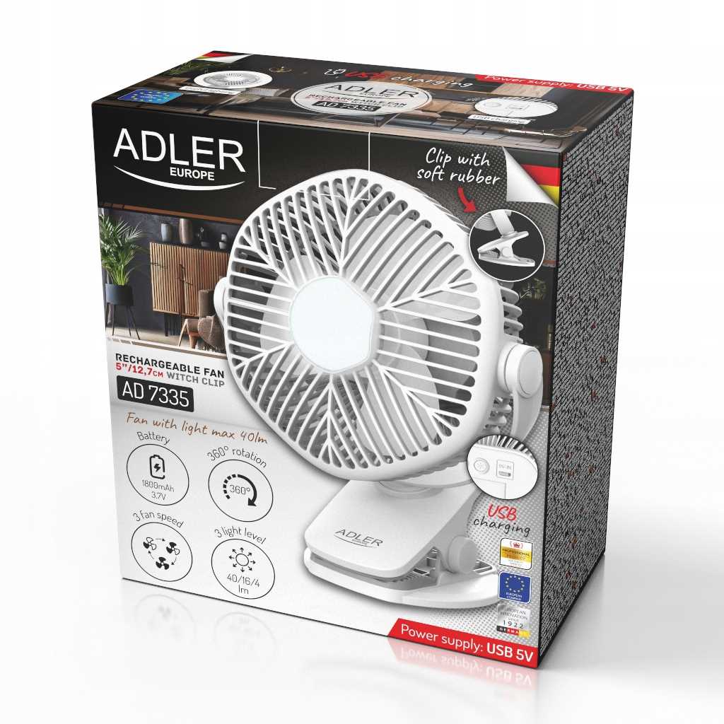 Desk Fan Mini Cordless Clip Home And Garden 3 Speeds LED Manufacturer code AD7335