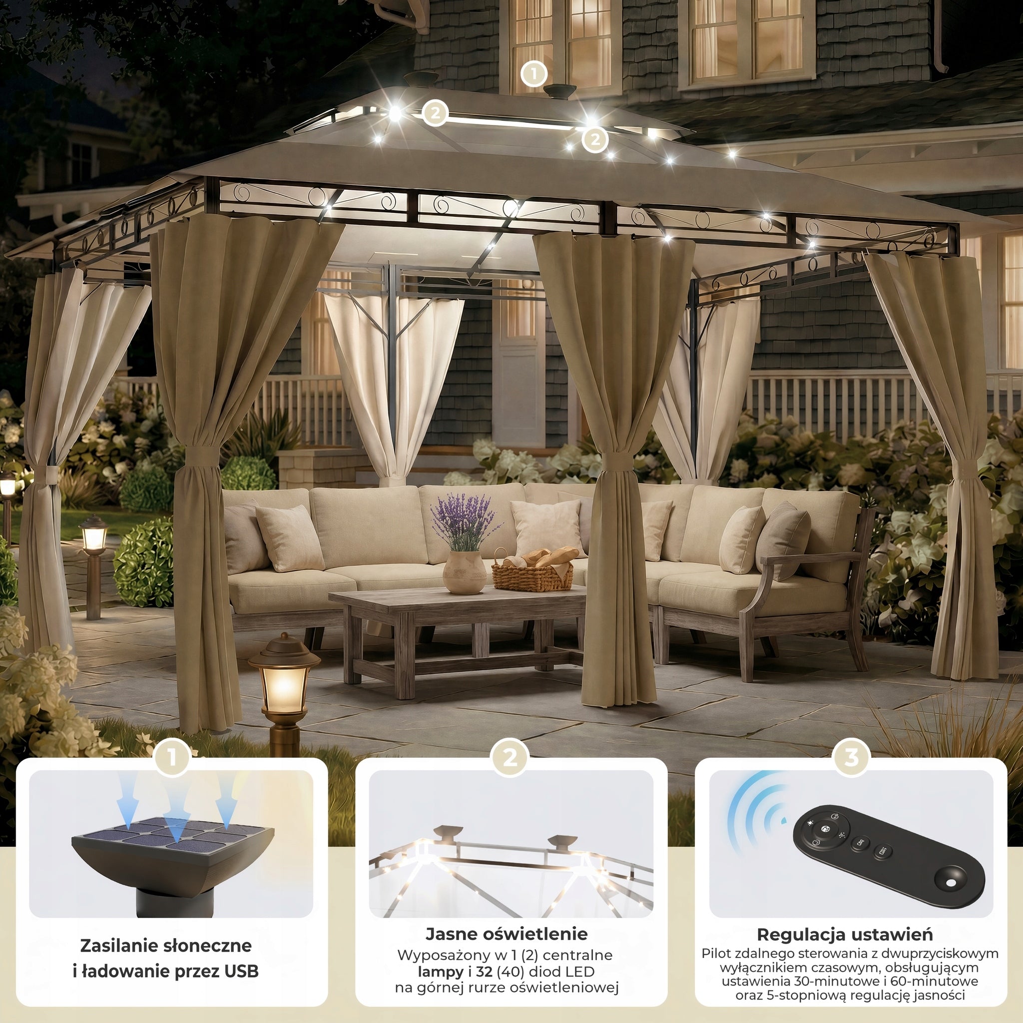 Devoko 3*4m Wodoodporna i stabilna altana ogrodowa z metalową ramą Z LED Manufacturer code G-GZB23-0337A-34DBGL-1,G-GZB23-0337A-34DBGL-2