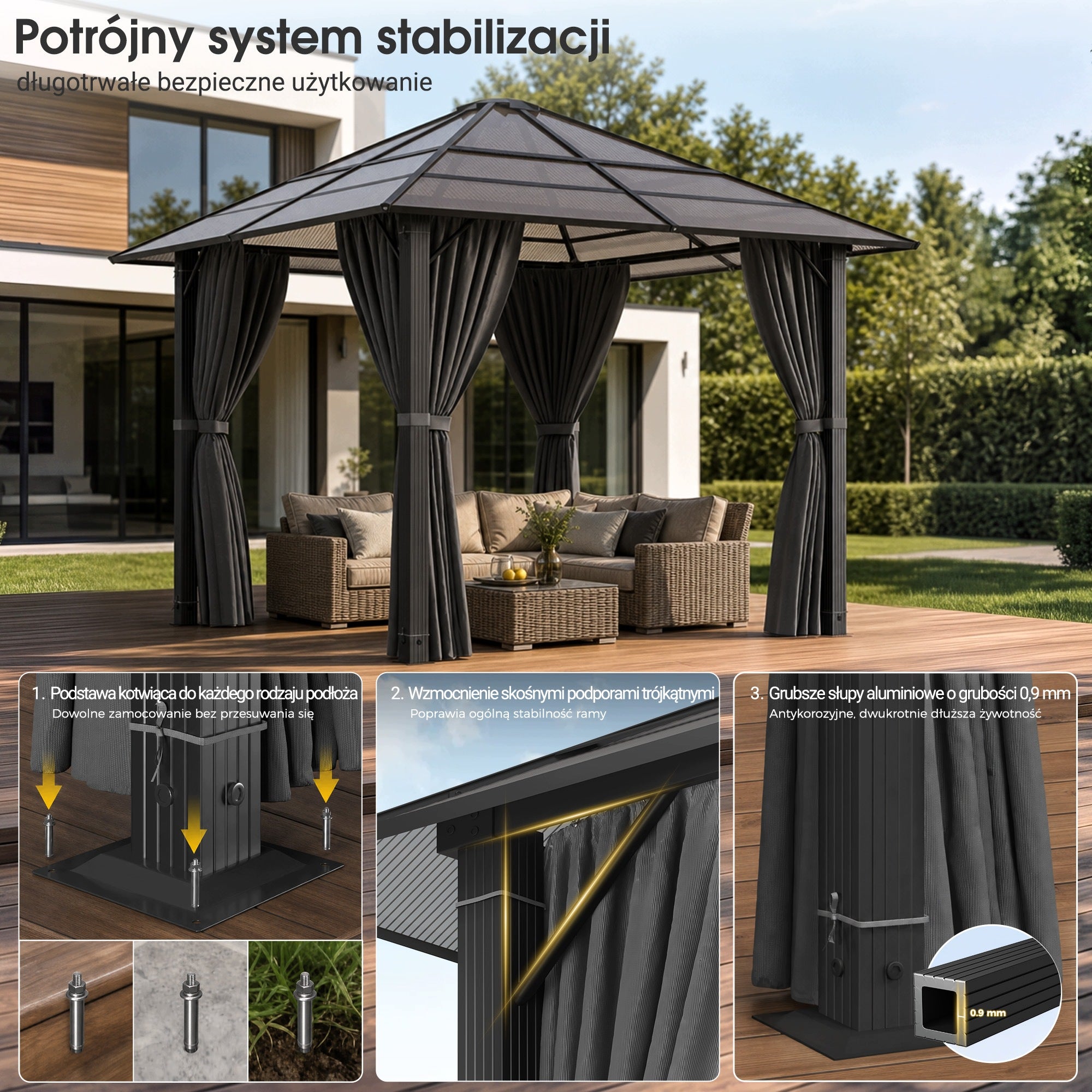 Devoko Pawilon ogrodowy 3x3 m z aluminiowym dachem PC podwójny dach zasłony Manufacturer code G-GZB23-0377A-330DGY-1,G-GZB23-0377A-330DGY-2