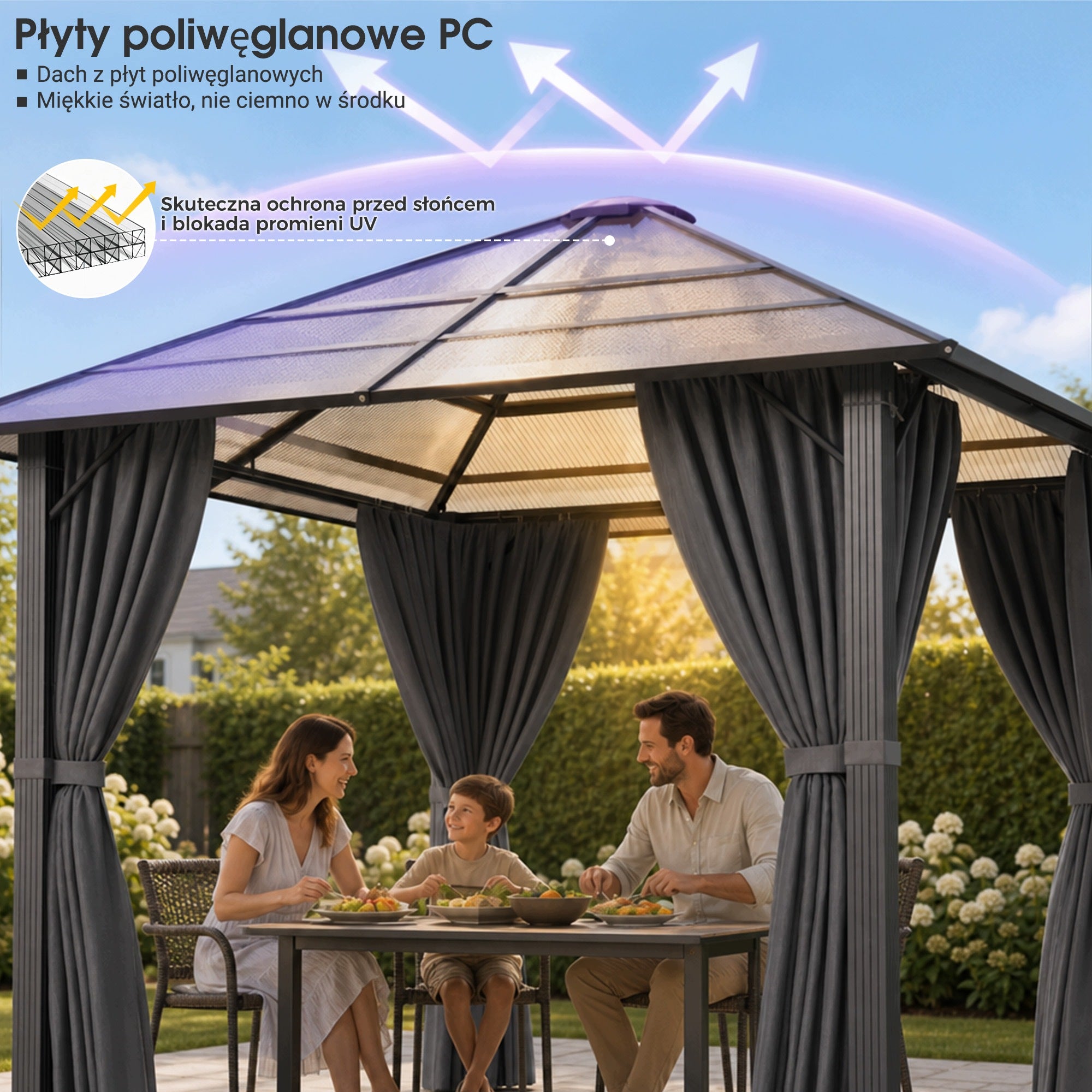 Devoko Pawilon ogrodowy 3x3 m z aluminiowym dachem PC podwójny dach zasłony Packaging status original