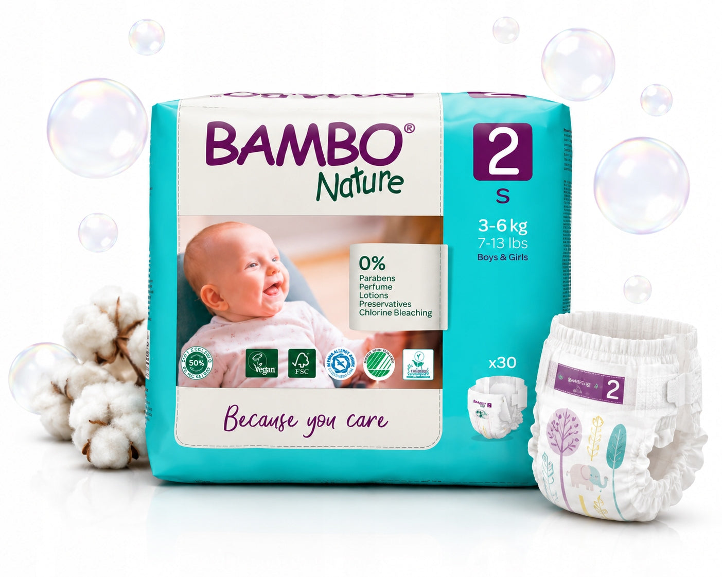 Diapers Bambo Nature 2Mini 3-6kg for Newborn Breathable Premium 30pcs