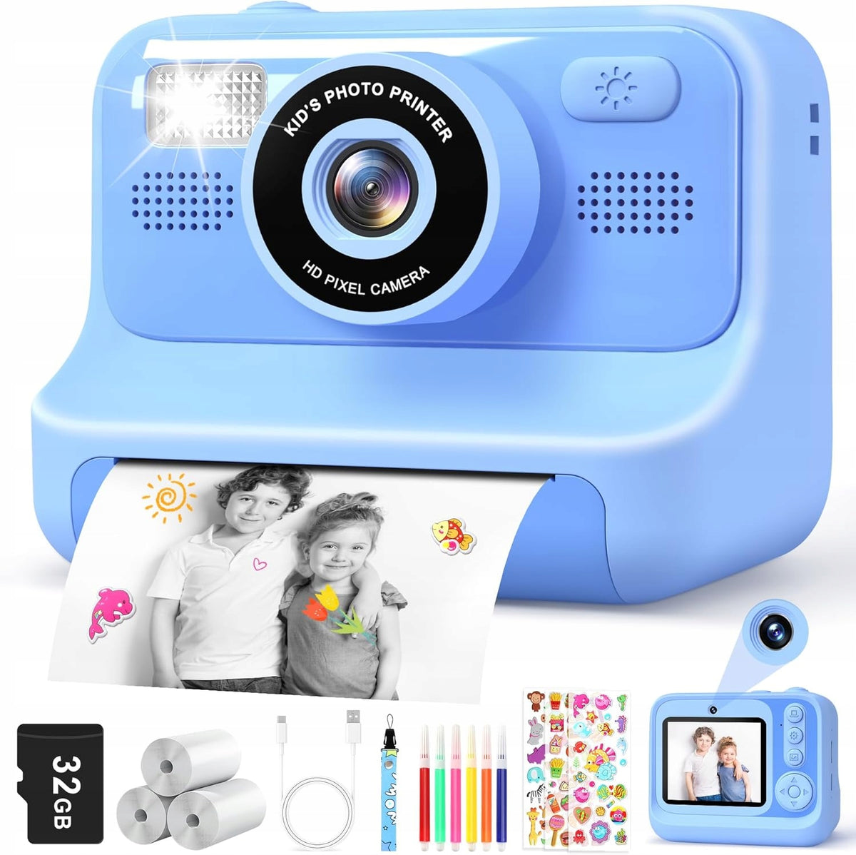 Digital Camera with Printer for Kids Blue + Marker Rolls Brand XBAY