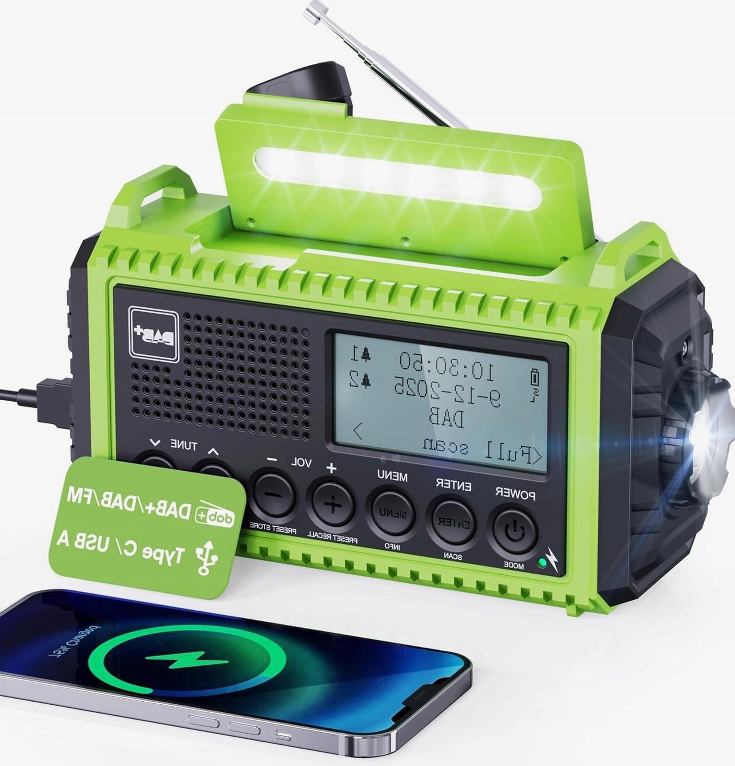Digital Portable Dab fm with Solar Crank Battery Green