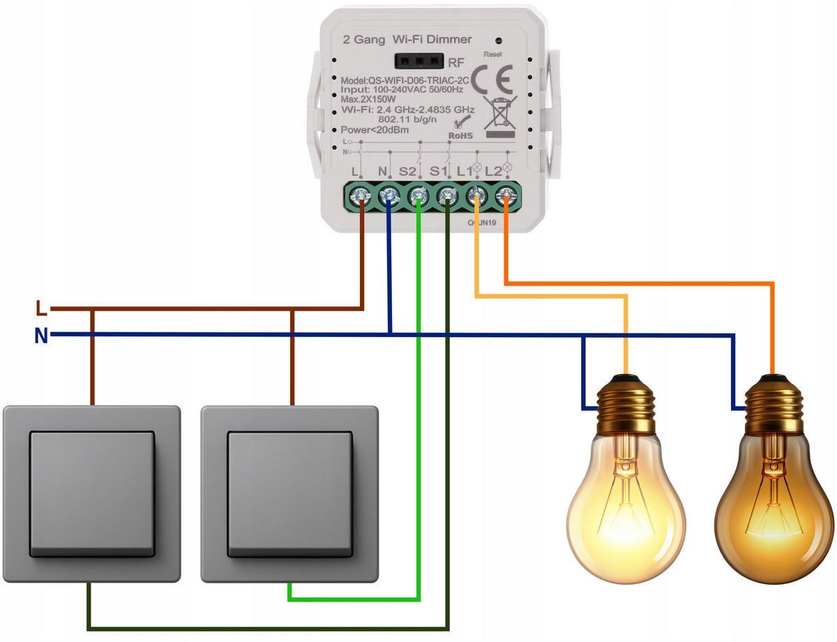 Dimmer 2 Channels Switch for LED Bulb Light 230V WIFI TUYA Smart Manufacturer code Ściemniacz Światła 2 Kanały WIFI TUYA Smart