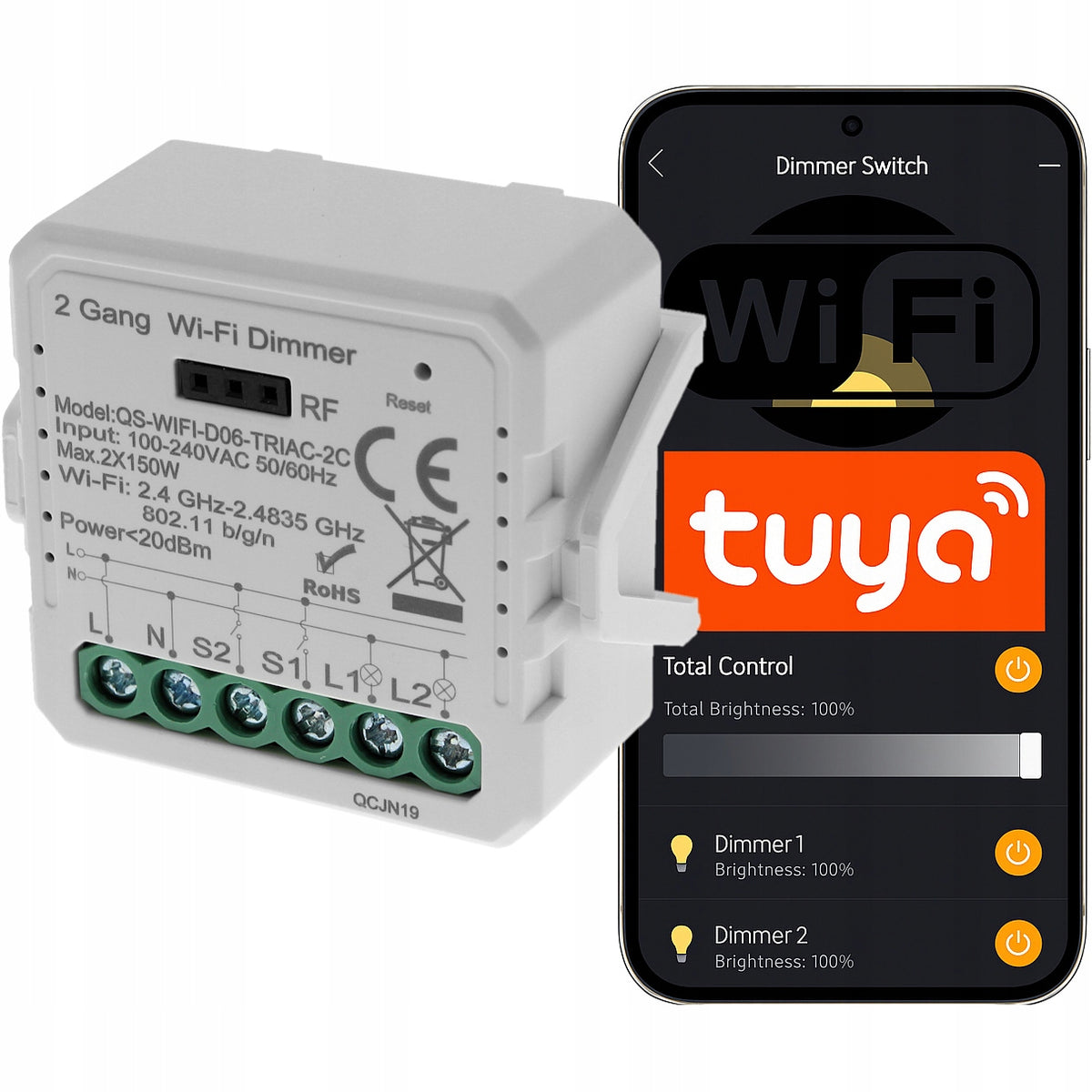 Dimmer 2 Channels Switch for LED Bulb Light 230V WIFI TUYA Smart