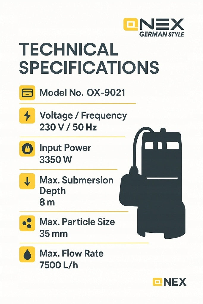 Dirty Water Submersible Pump 3350W For Clean And Wastewater With Float Maximum pump output 7500 l/h