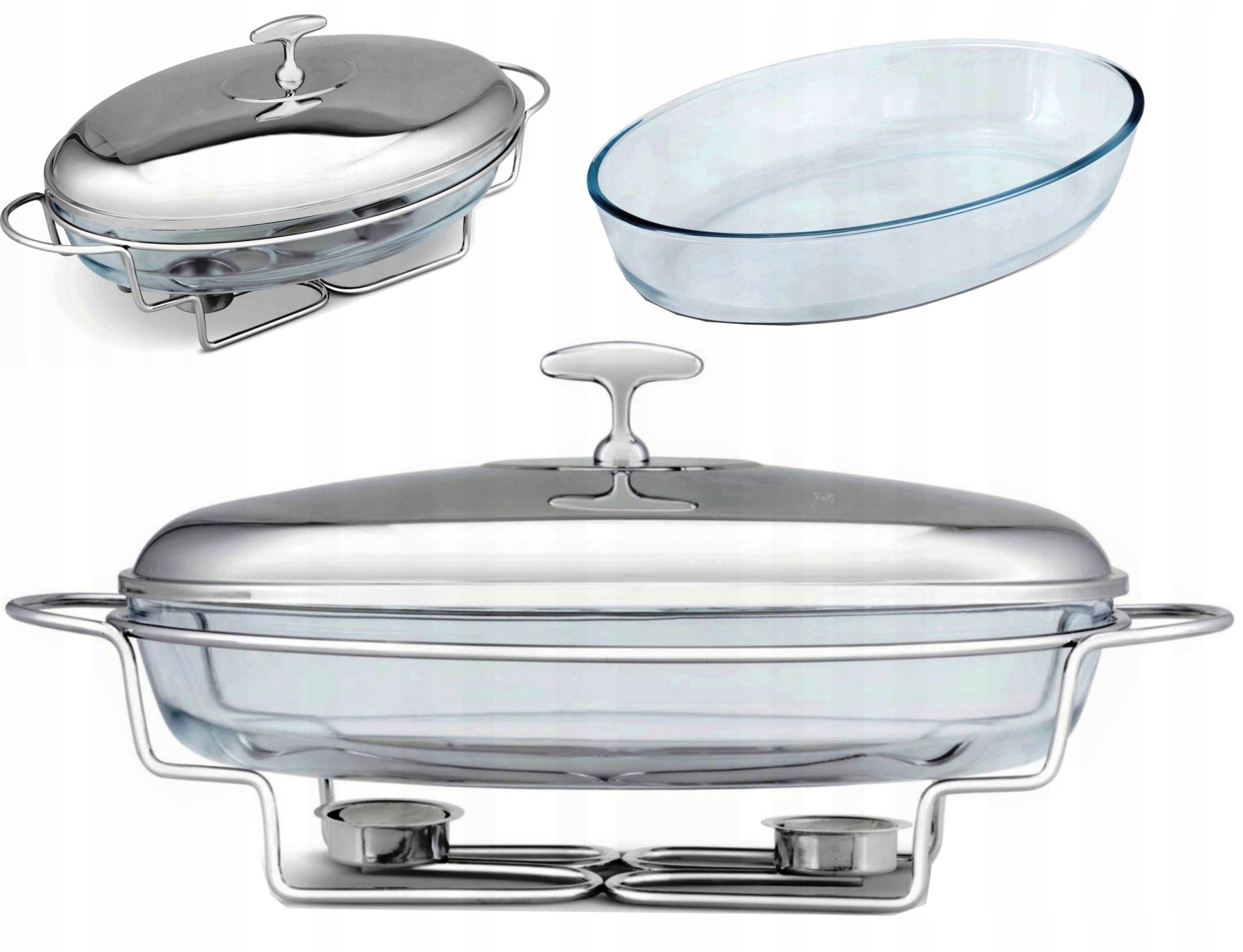 Dish Heater 3 L. Heat Resistant Glass Dish with Lid in Stand
