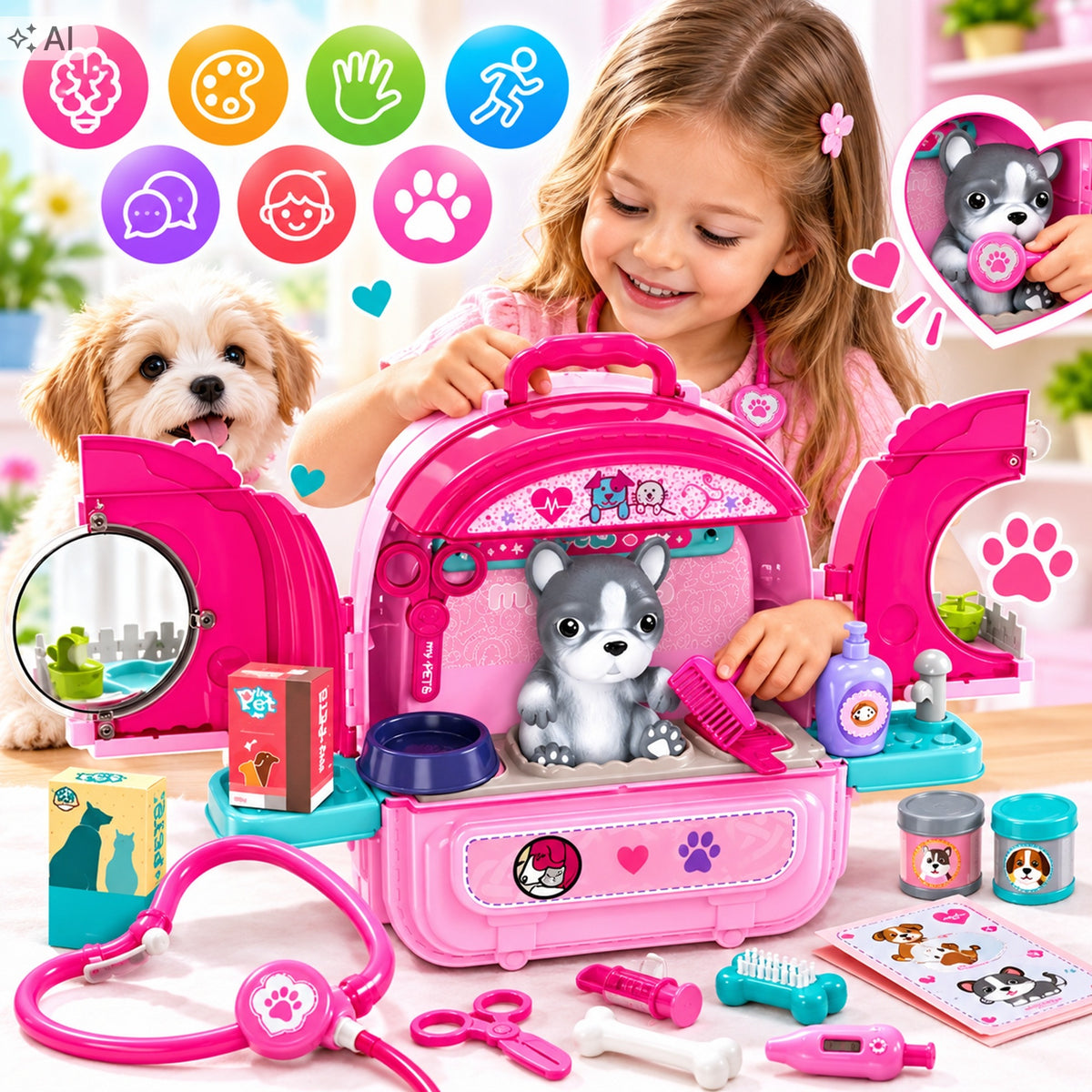 Dog Beauty Salon Animal Clinic Backpack Toy Set 3in1 DIY Manufacturer code Psi Salon Piękności Przychodnia dla Zwierząt