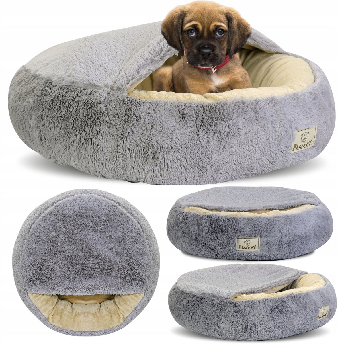 Dog Bed Cat Shaggy Bedding Basket With Canopy Grey 70 cm