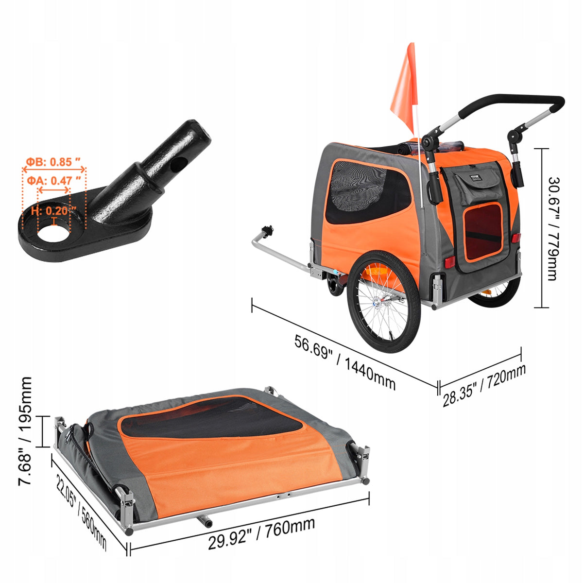 Dog Bike Trailer 66 lbs 2-in-1 Folding Quick Release Wheels Orange Gray Brand Vevor
