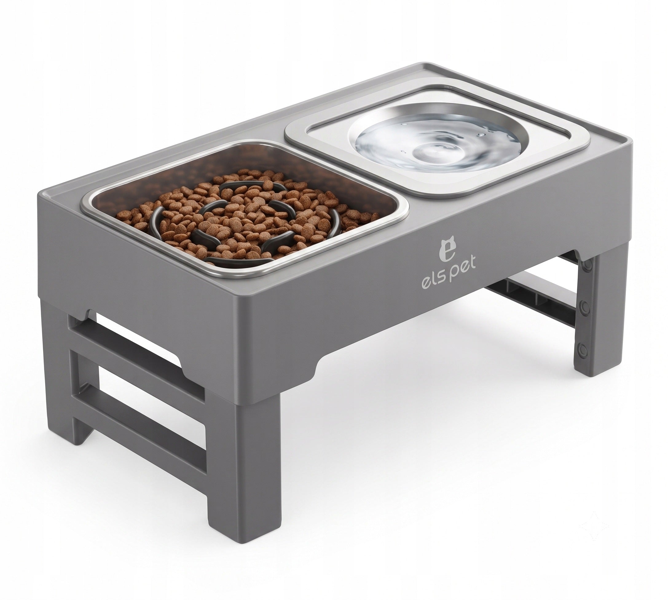 Dog Bowl Double Non-Spill Slowing Adjustable Stand Grey