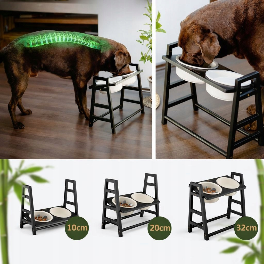 Dog Bowl ON STAND DOUBLE ADJUSTABLE 1,2L 3 HEIGHT BAMBOO+CERAMIC Brand no brand