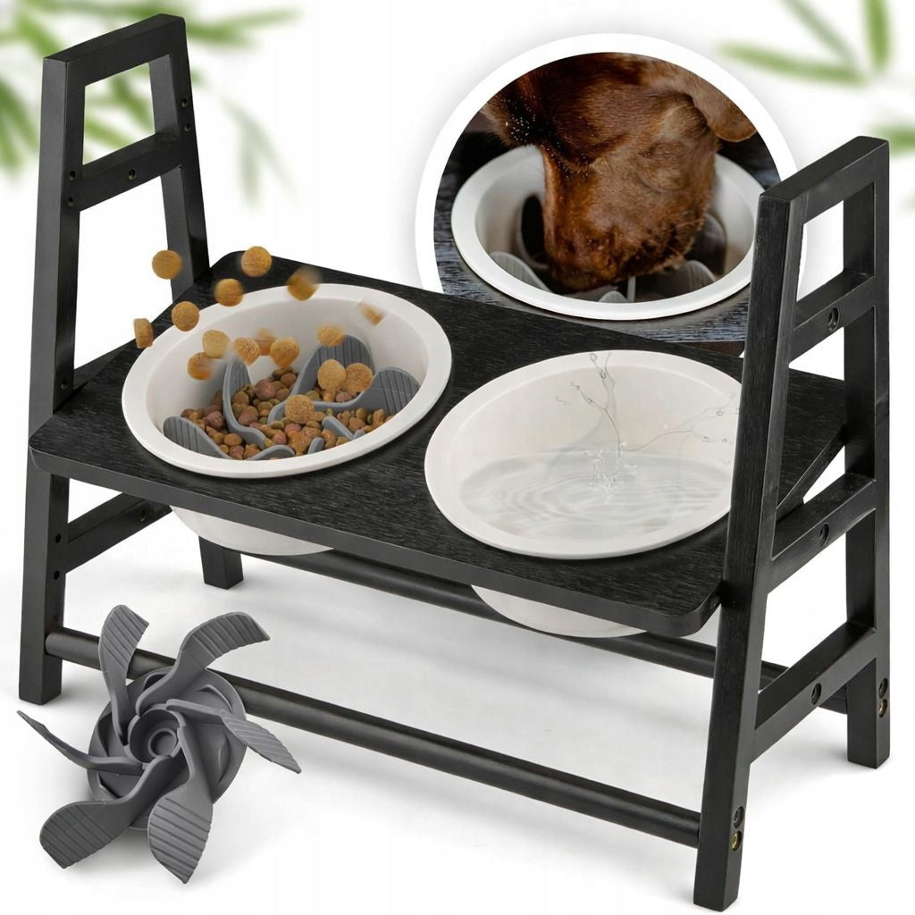 Dog Bowl ON STAND DOUBLE ADJUSTABLE 1,2L 3 HEIGHT BAMBOO+CERAMIC