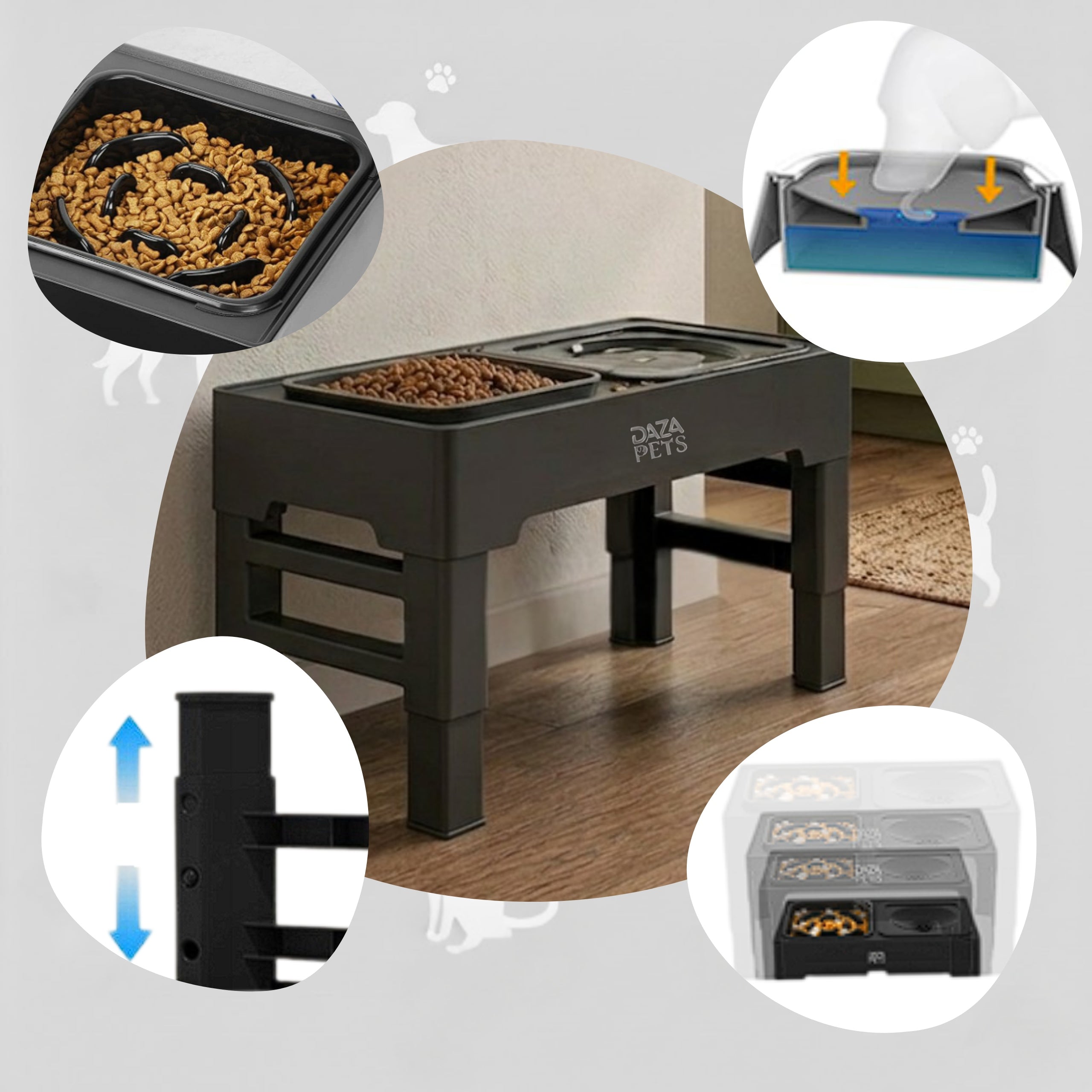 Dog Bowl Slowing Food On Stand Adjustable Height 3in1 Brand DAZAPETS