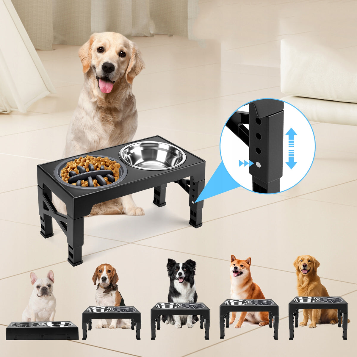 Dog Bowl Slowing Food Stand Adjustable ABS+Stainless Steel Packaging status original