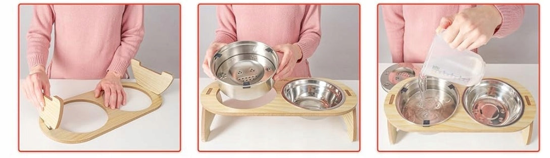 Dog Bowl on Wooden Stand Double Set 2x1L Metal Anti-CHLAP Brand 100