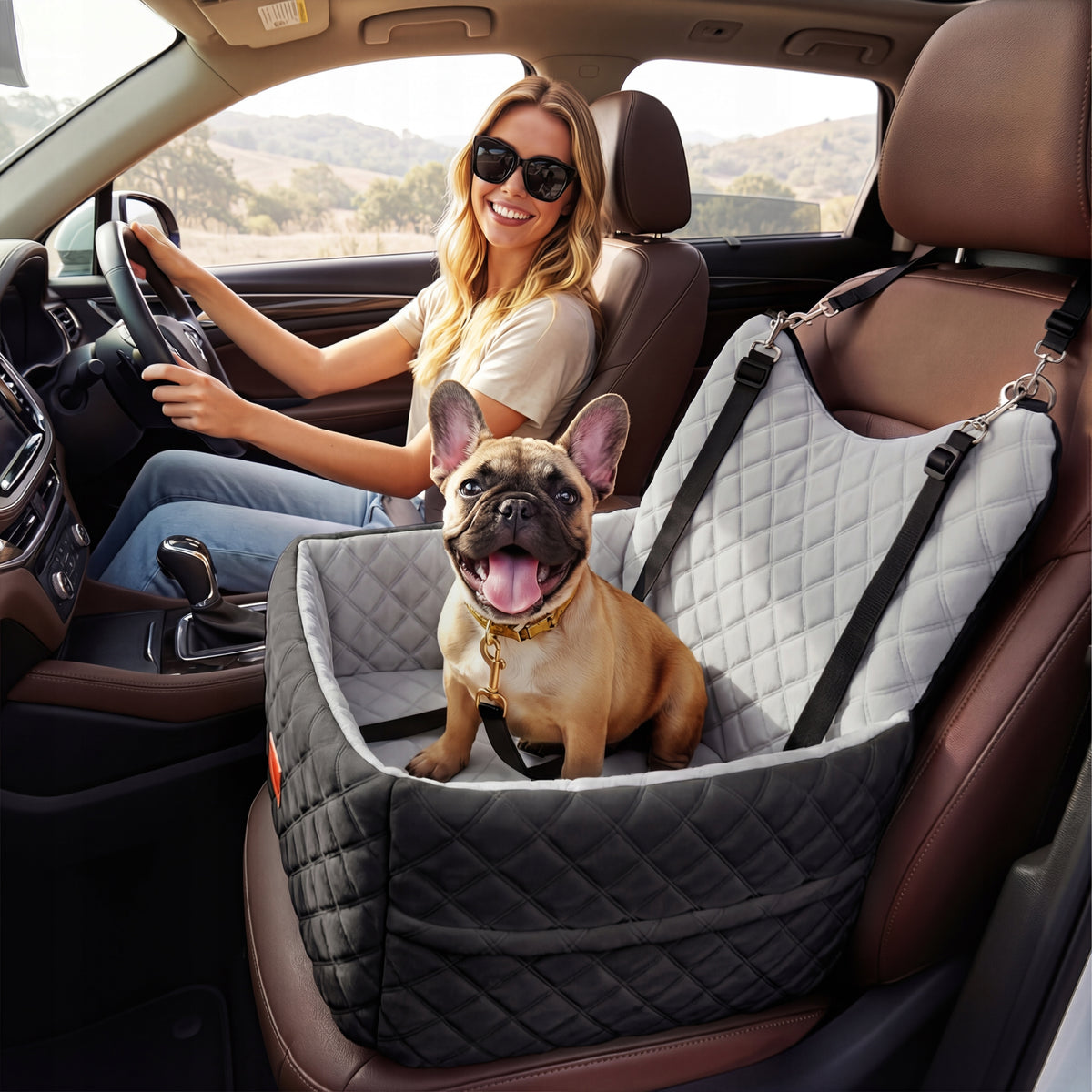 Dog Car Seat, Memory Foam, Pet Bed, 2 Safety Belts,Storage Bag, Black Gray Manufacturer code 18520362847