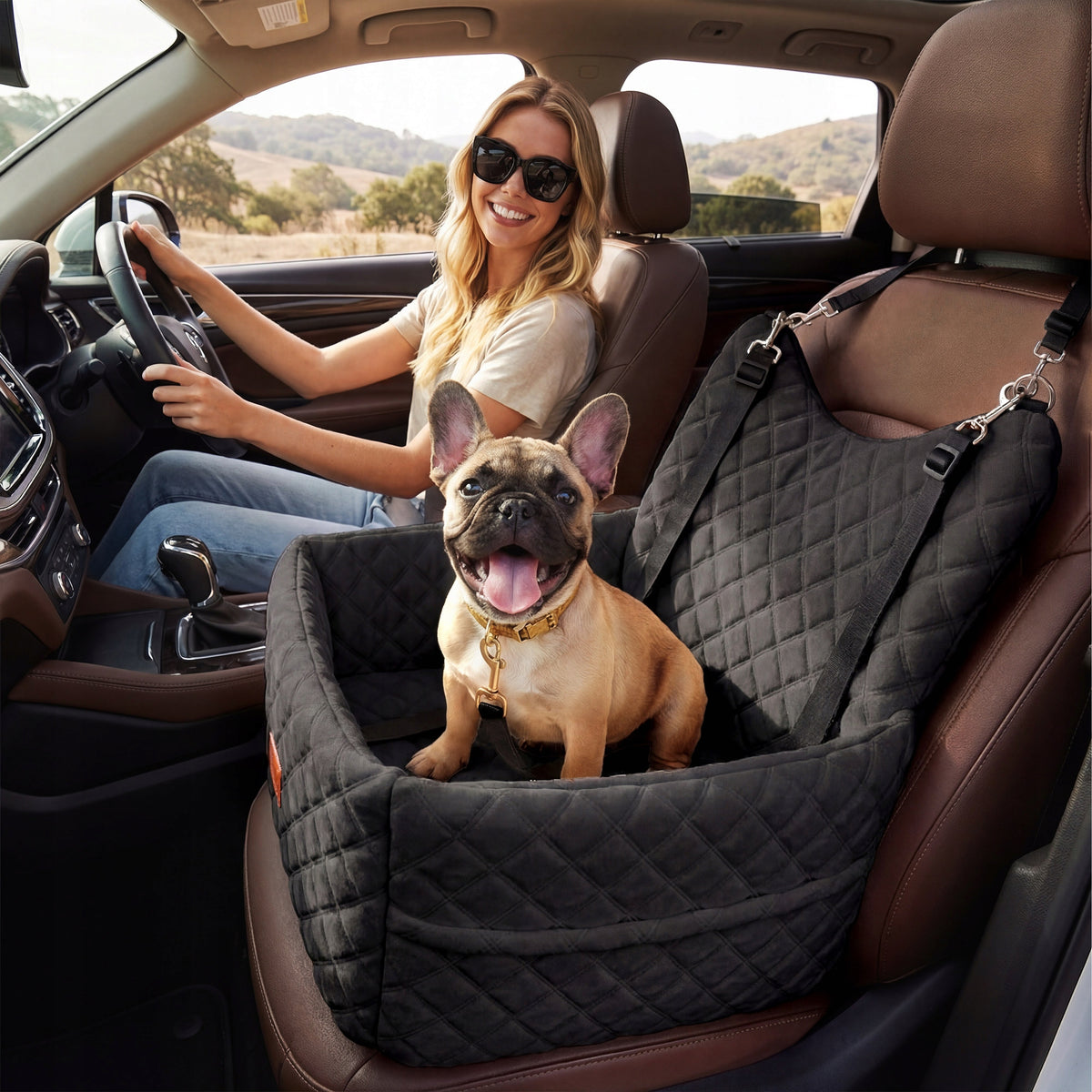 Dog Car Seat, Memory Foam, Pet Bed, 2 Safety Belts,Storage Bag, Black Packaging status original