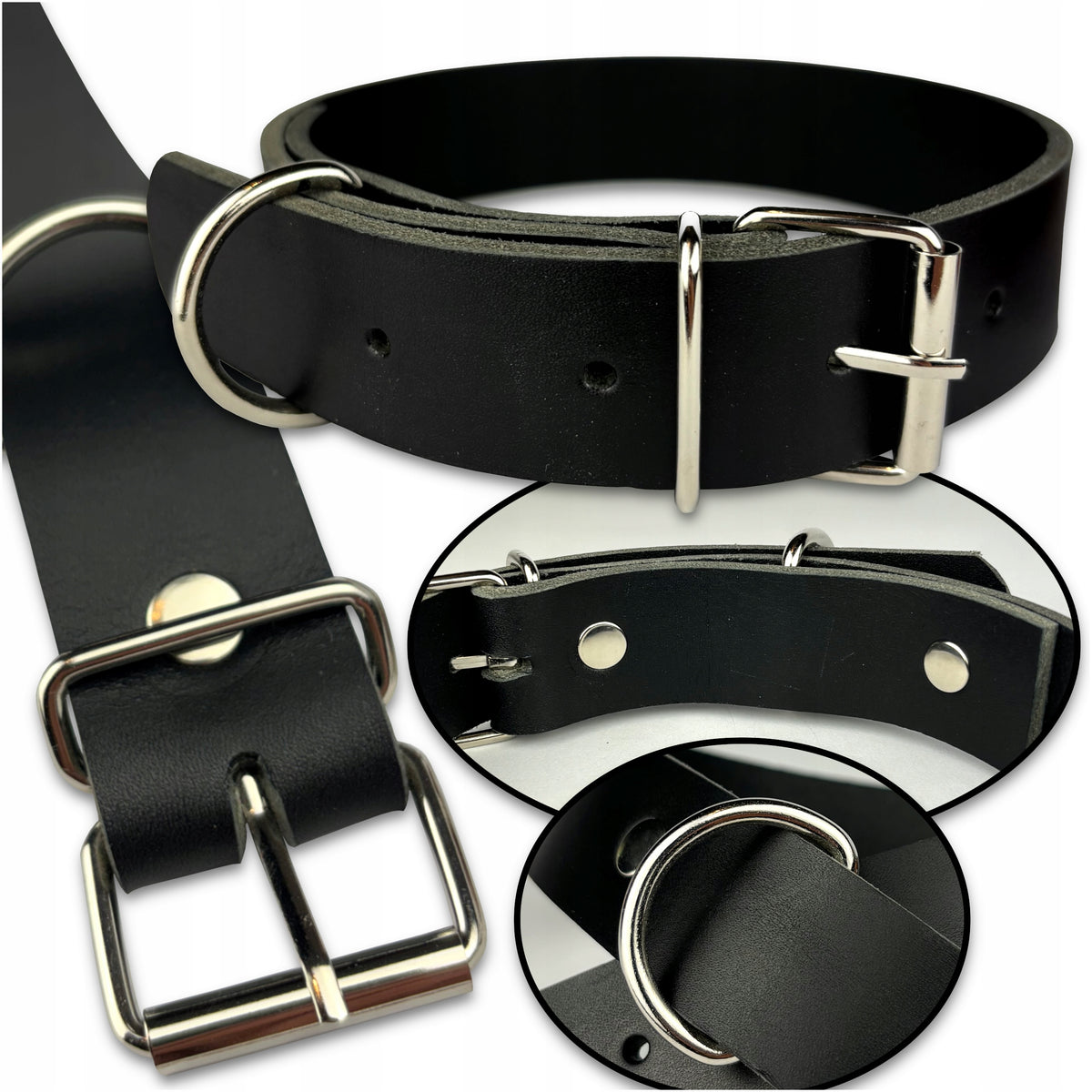 Dog Collar 100% Natural Cowhide Leather - Steel Buckle Strong Thick L