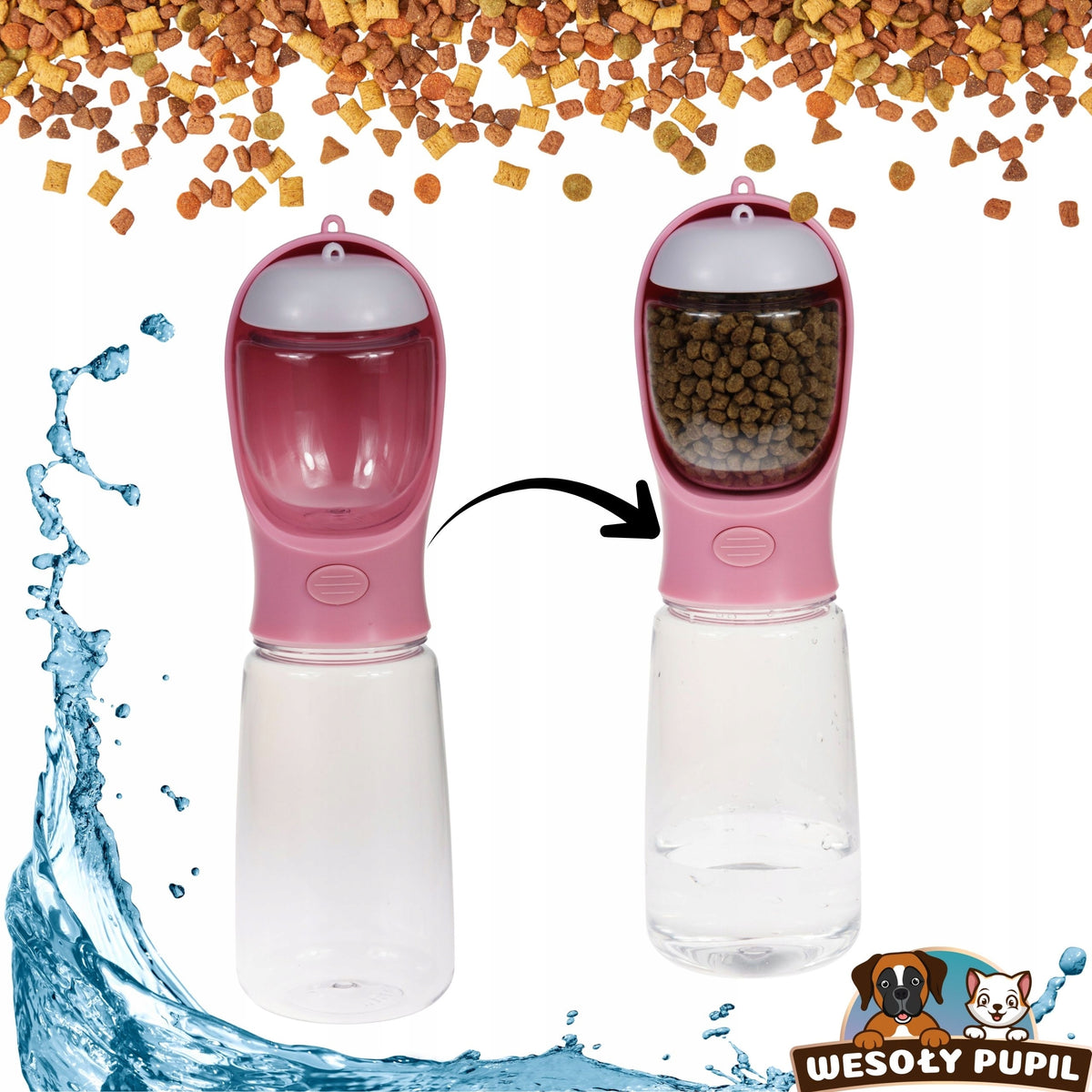 Dog Water and Food BOTTLE with Bowl 3in1 Tourist BOTTLE 550ml for Summer Manufacturer code BIDON dla psa z miską 3w1 na wodę jedzenie