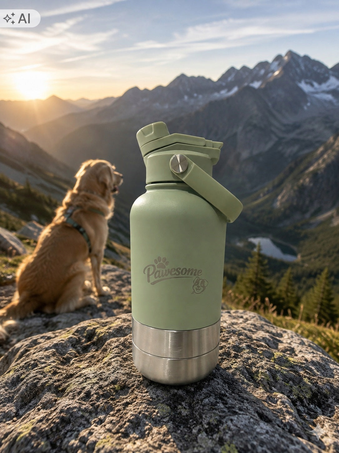Dog bottle 1L thermos 2in1 for dog with bowl green