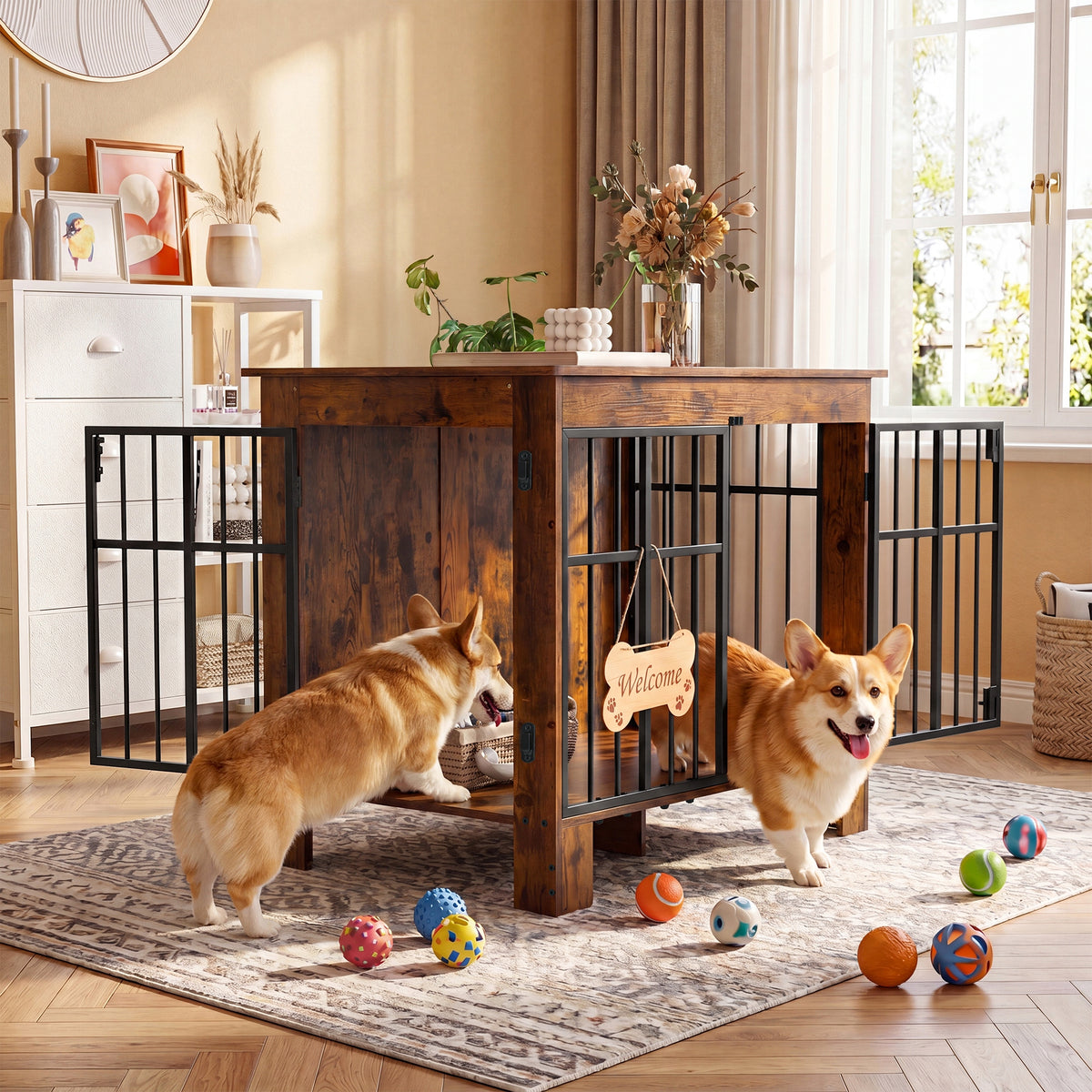 Dog cage Lockable Household with entrance Kennel Cage 85x55x75cm Burnt Wood