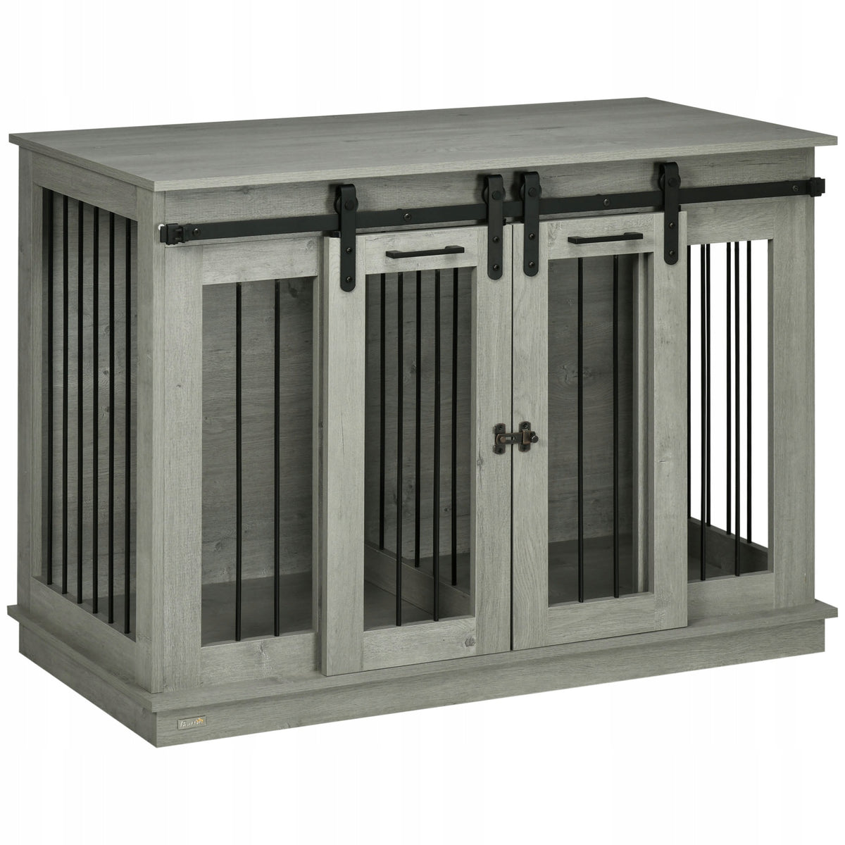 Dog cage, kennel, with two rooms and double doors, grey