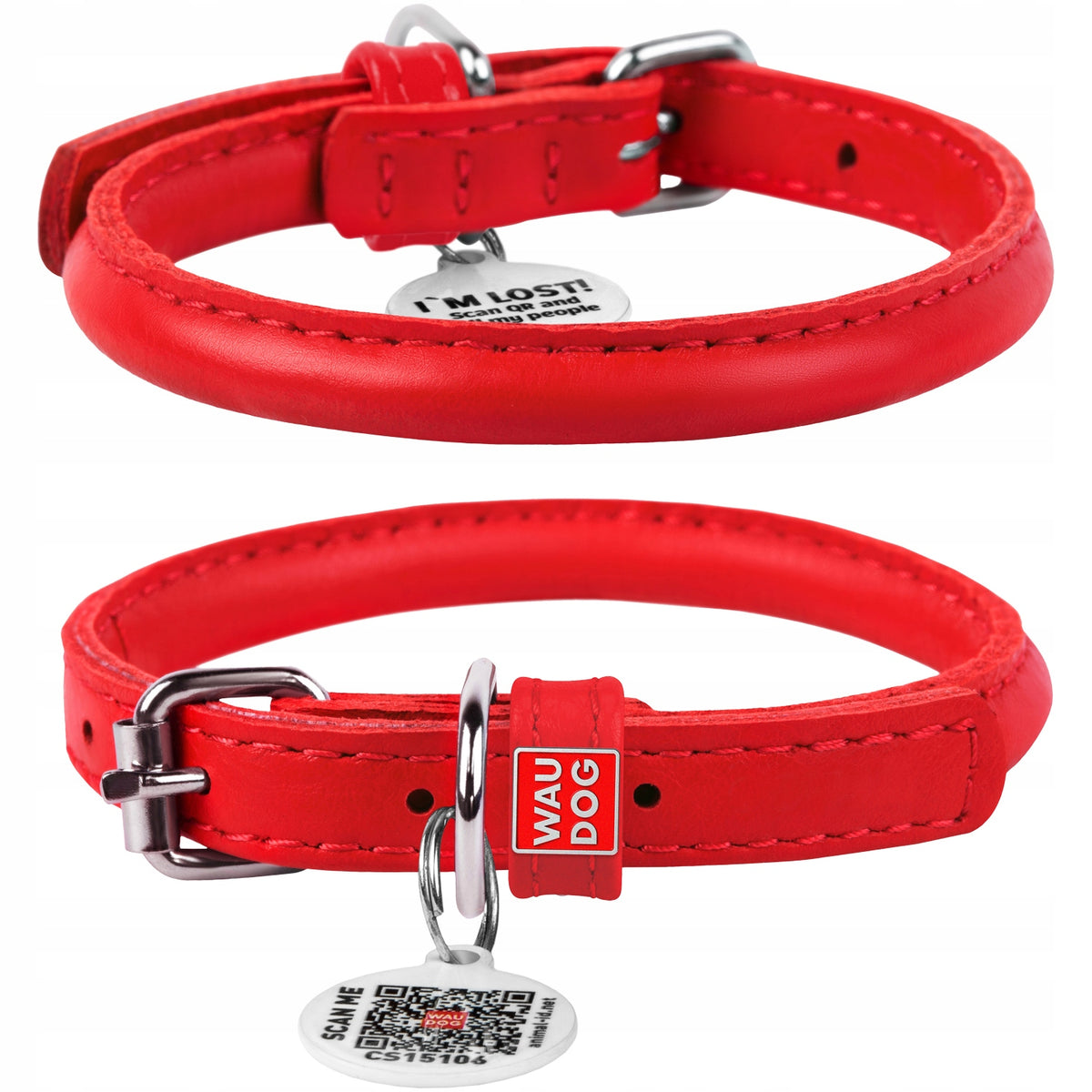 Dog collar leather round WAUDOG with QR passport, red, size XS Brand Waudog