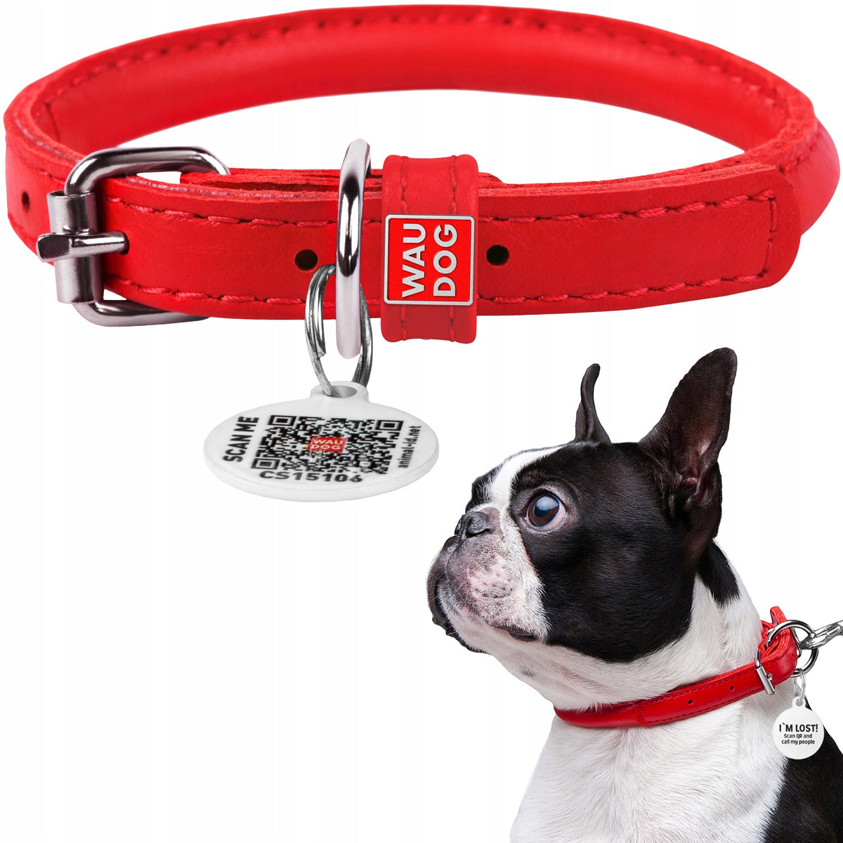 Dog collar leather round WAUDOG with QR passport, red, size XS