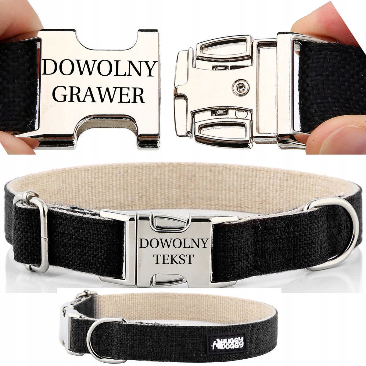 Dog collar with name engraved strong HUGGY DOGGY black shepherd L