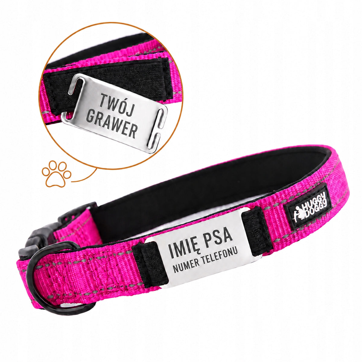 Dog collar with name with engraving reflective pink HUGGY DOGGY L Packaging status original