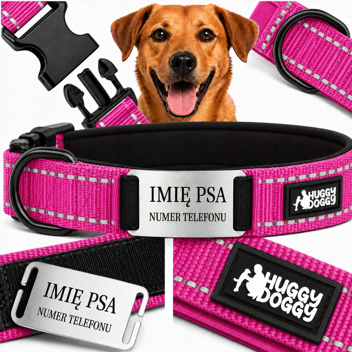 Dog collar with name with engraving reflective pink HUGGY DOGGY L