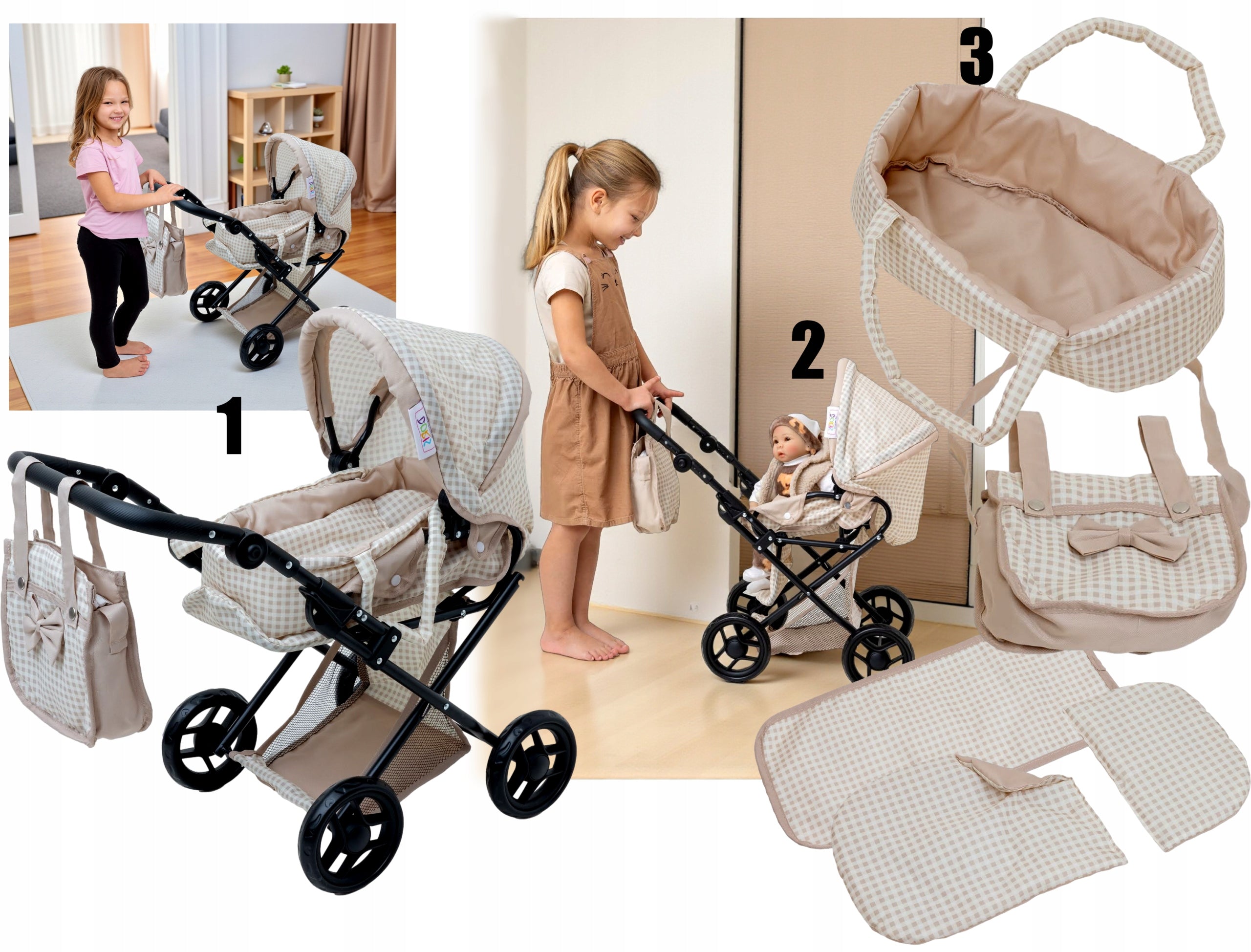 Doll Stroller 2in1 DEEP STROLLER FOLDING + BAG BEDDING Set 3in1 Packaging status original