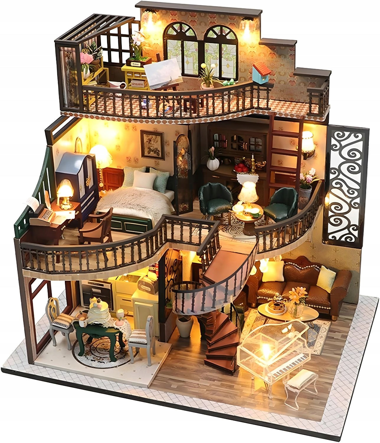 Dollhouse Wooden LED Floor Retro Model for Assembly DIY Furniture