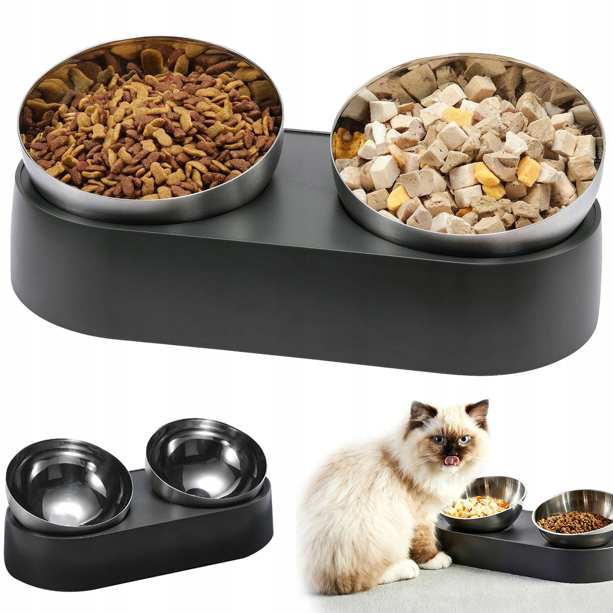 Double Bowls On Stand Dog Base Non-Slip, 2x600ml